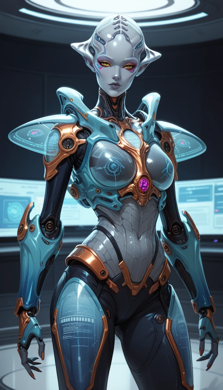 Advanced Extraterrestrial Entity , Alien Being, ((Non-Human)), Grey Alien, colorful skin, ((Futuristic Holographic Armor)), ((fully clothed, detail focus)), Seductive Alien technology