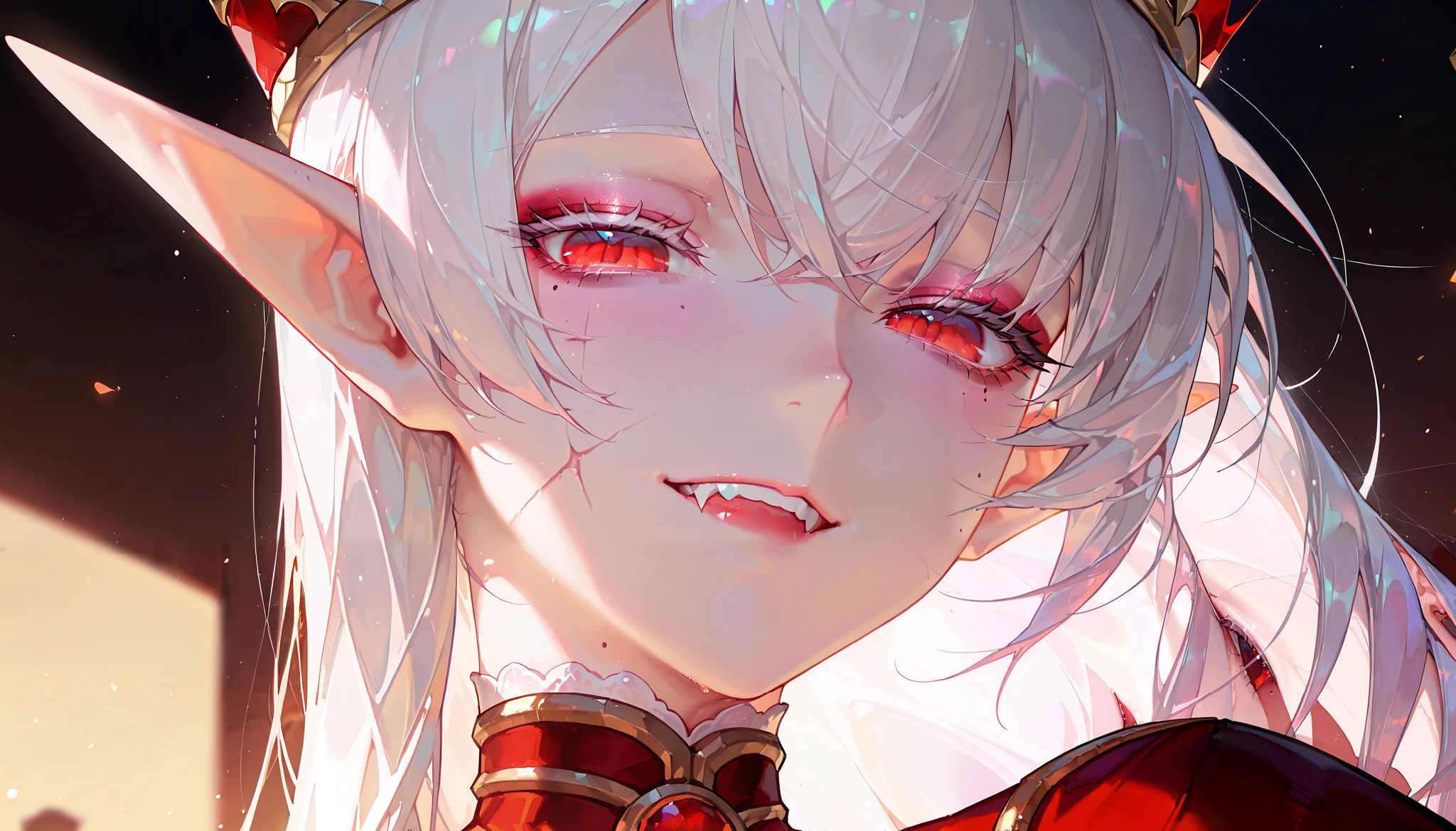 (artist:binggong asylum:1.22), (artist:OKAZU:1.10), (artist:hiten:0.51), artist:WANKE, (artist:ciloranko:0.55), (Sally Whitemane, World of Warcraft character), (masterpiece: 1.2), (best_quality: 1.0), (solo: 1.4), (solo focus, 1view), (medium physique), 1woman, middle-aged woman, 30 years old, (close-up, face focus), ((ultra detailed, cinematic, hyper detailed, hyperresolution, official arts, wallpaper 40k, blowing art)), ((white hair, square hair, straight hair, medium bangs, white eyebrows, white eyelash, eye mole, mole near the eye)), (half-closed eyes, half-opened mouth, sharp teeth, face expression, pacification, kind smile), voluminous hair, bright ruby-red eyes, beautiful nose, beautiful character design, perfect eyes detail, perfect face, colorful, bright_front_face_lighting, (bright_color: 1.2), (beautiful_face: 1.5), (1view), side view, from below, ((pale skin, detachment smile, beautiful neck)), (sleepy eyes, eyeshadow, eyebags, bags under eyes, makeup, dark red lipstick), ((looking at viewer)), (background, dark forest, Elves lands), ((two terrible scars, old scars, scars on the cheek)), ^_^