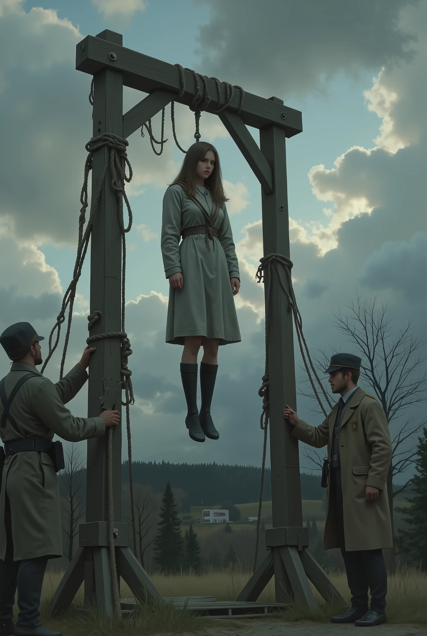 ((in the mountainous region of Eastern Europe in the early 20th century、is executed)、(((public execution show、hanging from the gallows outside a cloudy sky、wearing a dirty gray prisoner、tied around the neck with a sad expression)))、(the girl is held by a man's guard from both sides、it depicts realistically and accurately the execution scene)、((depicting a beautiful girl realistically and accurately, and she was hanged、executed on the gallows、 Heavy Air 、 Tension  、 、 despair ))、(((the whole image of a beautiful girl being executed by gathering in public to be executed Draw It's、(首にropeを巻いてる、rope、  hanging :2.0)、))))