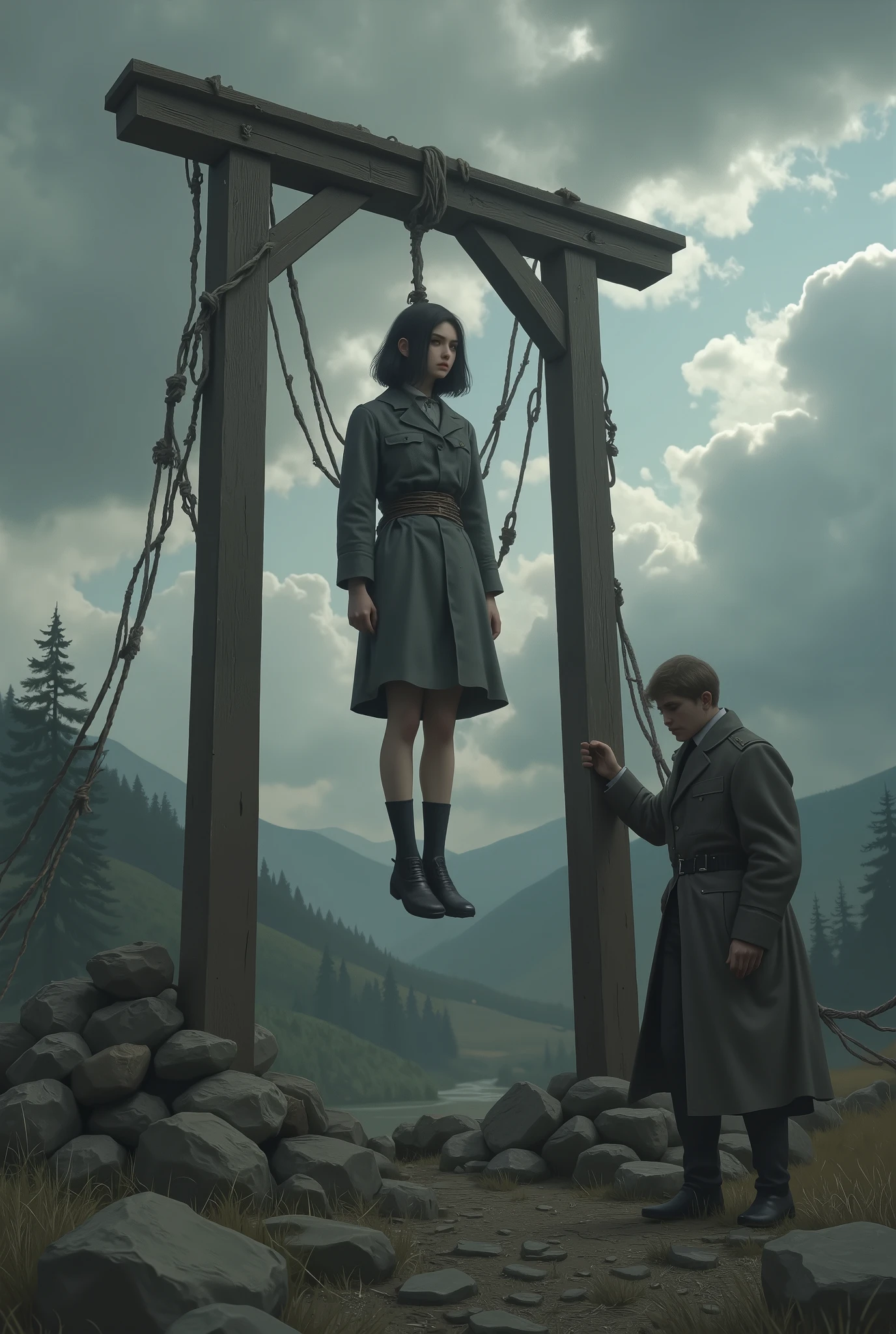 ((in the mountainous region of Eastern Europe in the early 20th century、is executed)、(((public execution show、hanging from the gallows outside a cloudy sky、wearing a dirty gray prisoner、tied around the neck with a sad expression)))、(the girl is held by a man's guard from both sides、it depicts realistically and accurately the execution scene)、((depicting a beautiful girl realistically and accurately, and she was hanged、executed on the gallows、 Heavy Air 、 Tension 、 、 despair ))、(((the whole image of a beautiful girl being executed by gathering in public to be executed Draw It's、(首にropeを巻いてる、rope、 hanging :2.0)、))))