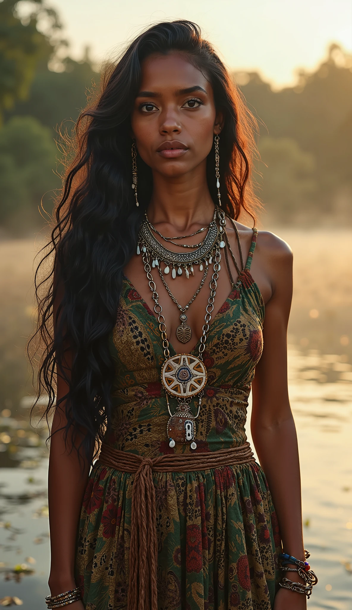 A beautiful black woman , lush body, long hair decorated with cowries and shells,  Ogun river leaving the continent of Africa in the background  , walking to the riverside , wearing light green clothes with cowries , lots of shells and cowries to wear ,copper and stone bracelets on the wrist and 3d shell necklaces , close up hyperrealistic image.