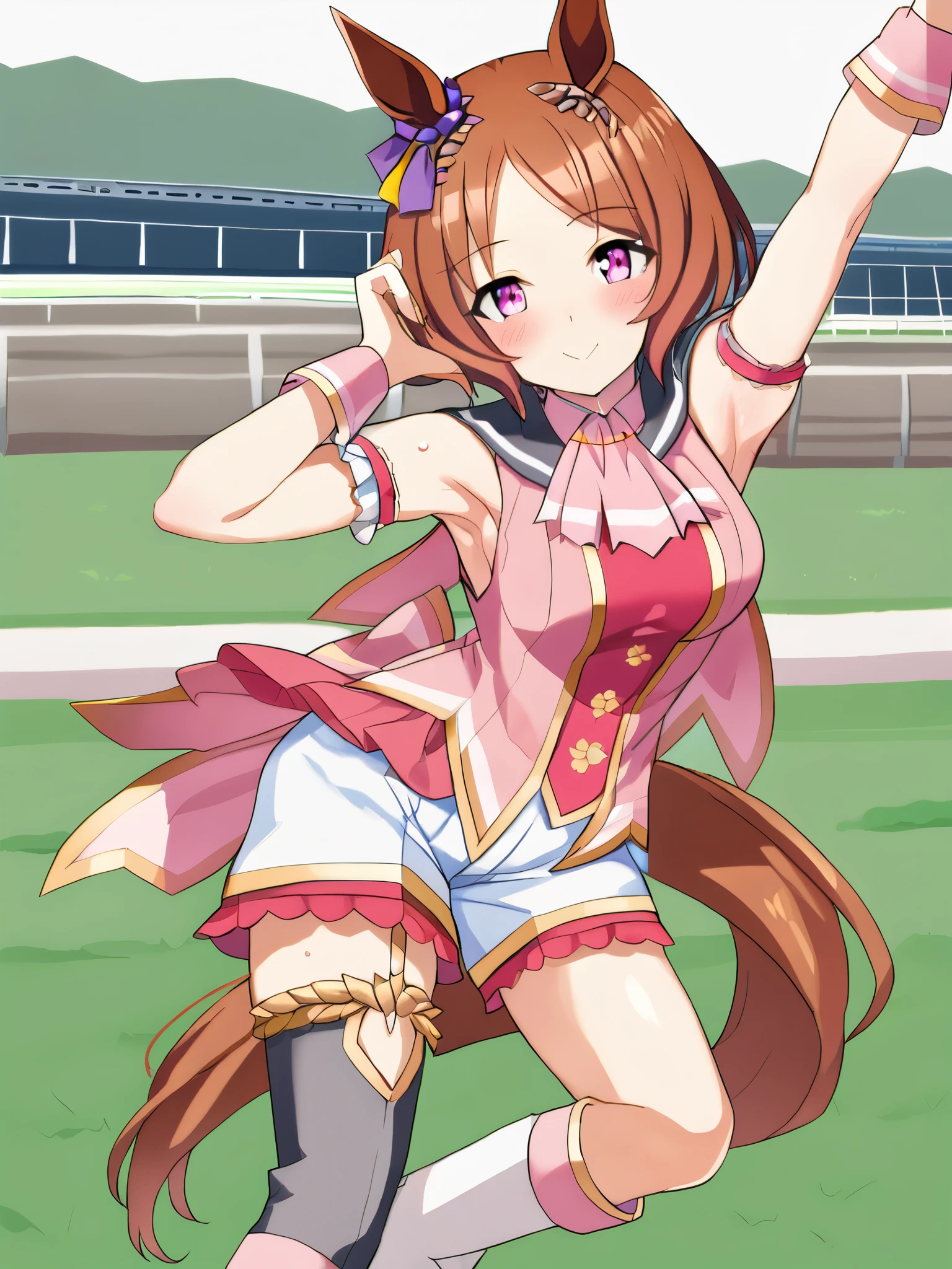 ((sleeveless, show me your armpits)),wet skin,girl around her neck, Sakura Laurel Kuudere, horse girl , horse ears, horse tail, shiny hair, light brown hair, pixie cut, center part bangs, Pink red eyes, symbol isn't in my eye, Hair Ornament, medium chest, lowered +++ Multicolored clothing, puffy short sleeve, Closed Mouth, pink shirt, white shirt, pink wrist cuffs , white shorts, sailor collar, black thigh high for aa, Single Knee High, white knee-high boots, asymmetrical shoes , high heel boots, pink neckerchief, Pink back ribbon, Turf, race track , Delighted