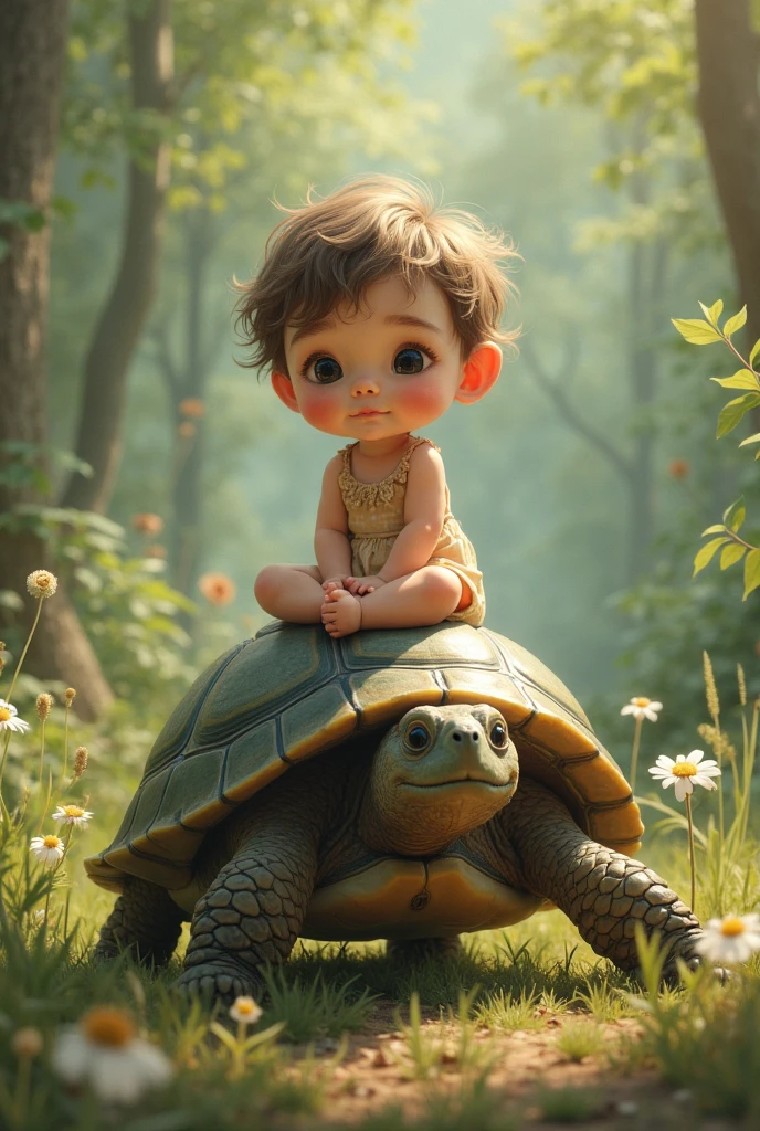 You can draw a picture of an 8-year-old child with a rabbit and a mouse next to a large strawberry watching their friend the turtle arrive, very happy.
