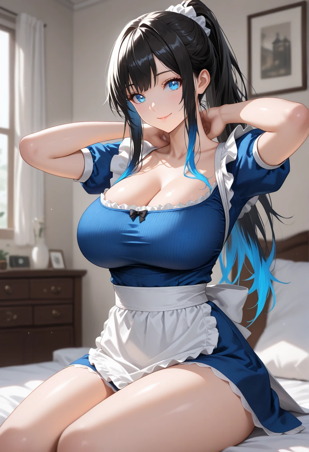 (masterpiece, 最high quality, 超High resolution, Very detailed), (Realistic:1.1, photoRealistic:1.4), Perfect illustration, Perfect lighting,Hair in perfect detail, Perfect and detailed face, Perfect collarbone, Perfect body,Juicy breasts, Perfect Thighs, Beautiful feet, View your viewers, 1 Girl,Perfect Face, (Perfect Anatomy, Anatomically correct), Symmetrical face、((Shiny Hair)),Sexy Body、(masterpiece),(最high quality:1.3),8k,Very clear,(Ultra-realistic),,Captivating woman,(high quality, High resolution, Fine details), Realisticなスタイルの女性,Juicy breasts、One perfect woman、Perfect Face、Symmetrical face、Baby Face、((Big Boobs))、Cleavage、blush、((Juicy lips))、Cowboy Shot、(((Tied up black hair)))、((Big double blue eyes、Long eyelashes))、(((Wearing an apron naked)))、(indoor、kitchen)