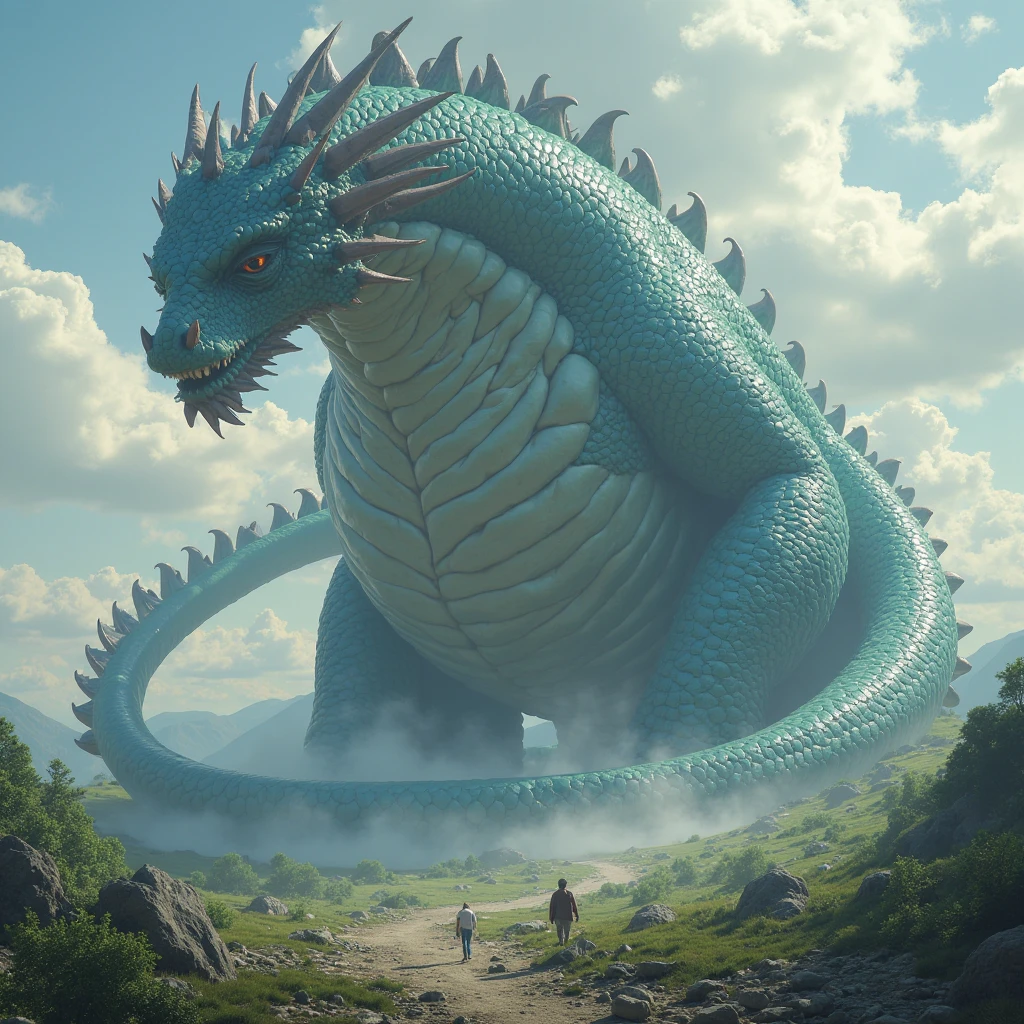 Detailed painting, by Taran Fiddler, tiny human boy, small human boy standing on the ground, tiny human boy touching the dragoness belly, tiny human boy reaching the dragoness round belly from the ground; dragoness, full body, feral, dainty, friendly, colorful, rounded snout, wings, pregnant, round belly, dominant belly, huge belly, bloated belly, big muscles, wide body, thick neck, tall, enormous, giant, gigantic, powerfull, kneeling on the ground