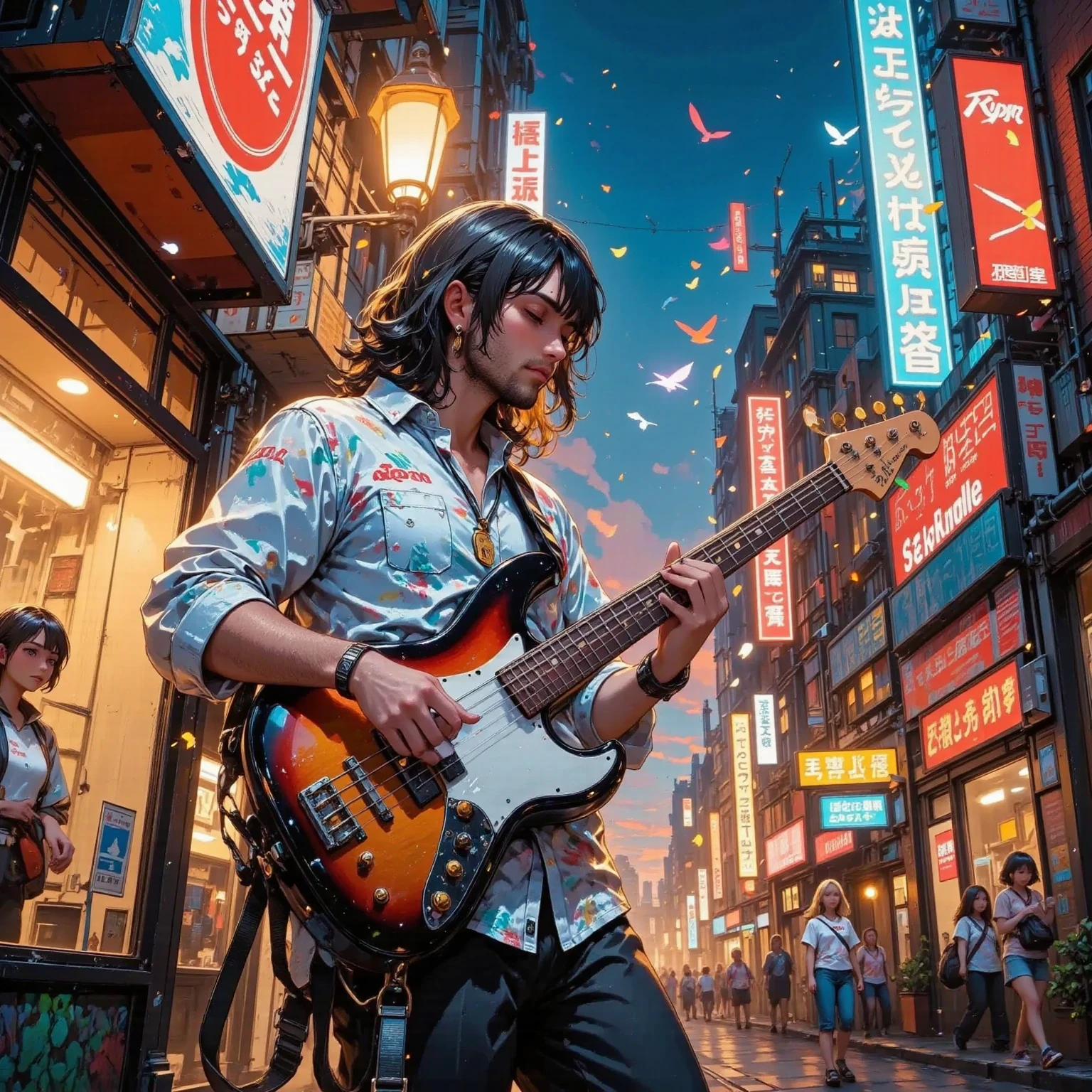 A hyper-realistic digital artwork of a charismatic bassist performing a solo street session under the warm glow of vintage-style streetlights. His sunburst Fender Jazz Bass gleams under the lights, while his fingers move precisely over the fretboard. He gazes downward, immersed in the rhythm, a natural, heartfelt smile visible on his face.

The background is a dreamy fusion of reality and digital artistry, featuring softly glowing neon signs, abstract light trails from passing cars, and delicately blurred motion effects of pedestrians walking by. **Bokeh Effects** enhance the depth, allowing the focus to remain on the musician while the city lights form a mesmerizing tapestry of color. **Lens Flare Effects** subtly highlight the warm streetlights, while a soft **Neon Glow** outlines the signs, giving the scene a cyberpunk-inspired edge. Floating **Light Particles** gently drift in the air, adding a surreal yet immersive touch.

Rendered in **ultra-detailed 8K, cinematic composition, and photorealistic depth**, this artwork is a perfect blend of realism and artistic fantasy, capturing the passion, energy, and beauty of street music in a breathtakingly lifelike manner.
