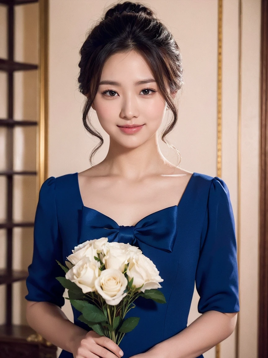 Medium Size Display, Medium Shot, Written boundary depth, bust, Upper Body, movie angle, masterpiece, highest quality, Very detailed, CG, 8k wallpaper, Beautiful Face, Delicate eyes, Otome, alone, smile, bangs, have,Royal Blue Dress, bow, petal, bouquet of roses