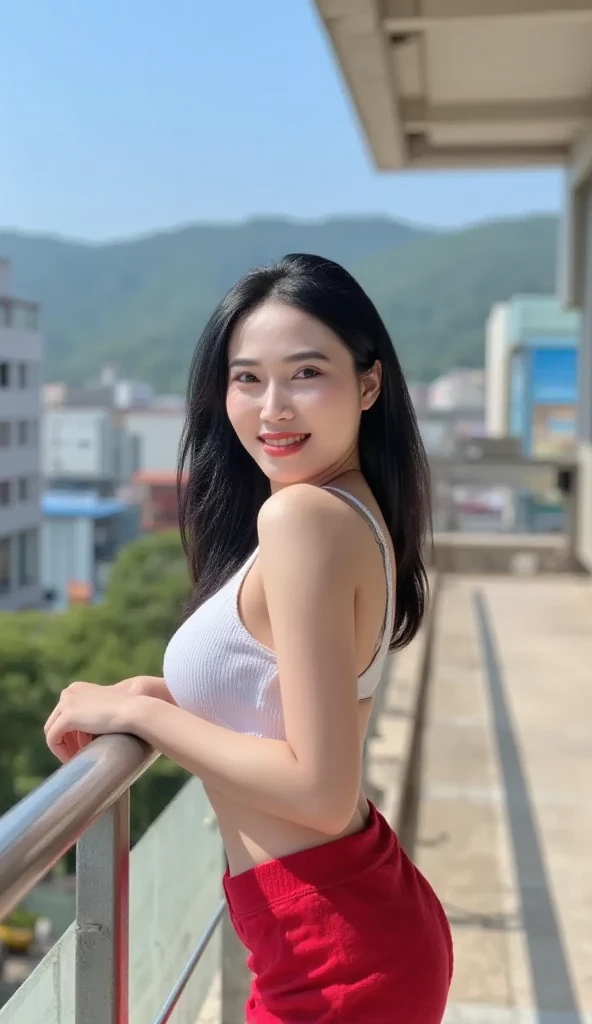 a young, Beautiful and cute Korean actress,Full body photo,Extremely beautiful and delicate,Black color hair,Pouting and smiling,Delicate and beautiful fair skin,Realistic and realistic,exquisite and complete facial features,Detailed depiction of the face,tall nose bridge,Smooth hair,extremely detail hair,Feminine temperament,Tall and tall,Thin,Realiy,White teeth,Tied up with hair,Hyper-realism,sandals,full body shot shot,Forward tilt angle,Extreme picture quality,Highest precision,Precise and perfect human anatomy。with blue sky and white clouds,with blue sky and white clouds,rays of sunshine,Cows, sheeps, (Crop topping,)(telephoto shot,)Express the landscape,Highlight portrait。Sitting on the beach by the sea。Wearing earrings