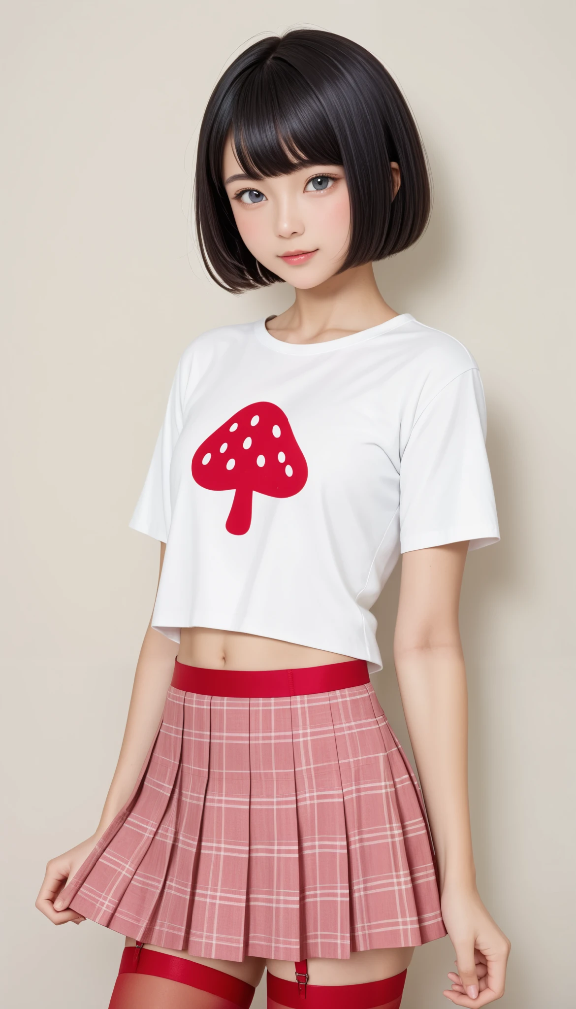 high quality、masterpiece、realistic、perfect anatomy, agers,cute女の子、超cute、Where's the hair 、 very short,、zoom、cute、gray eyes、short bob、mushroom cut、(((black hair:1.7、Gradation of pink hair tips、毛先がpink)))、white t-shirt、(Gingham Check Culotte Skirt:1.37),red stockings、red garter belt、belly button,blank,Black Light