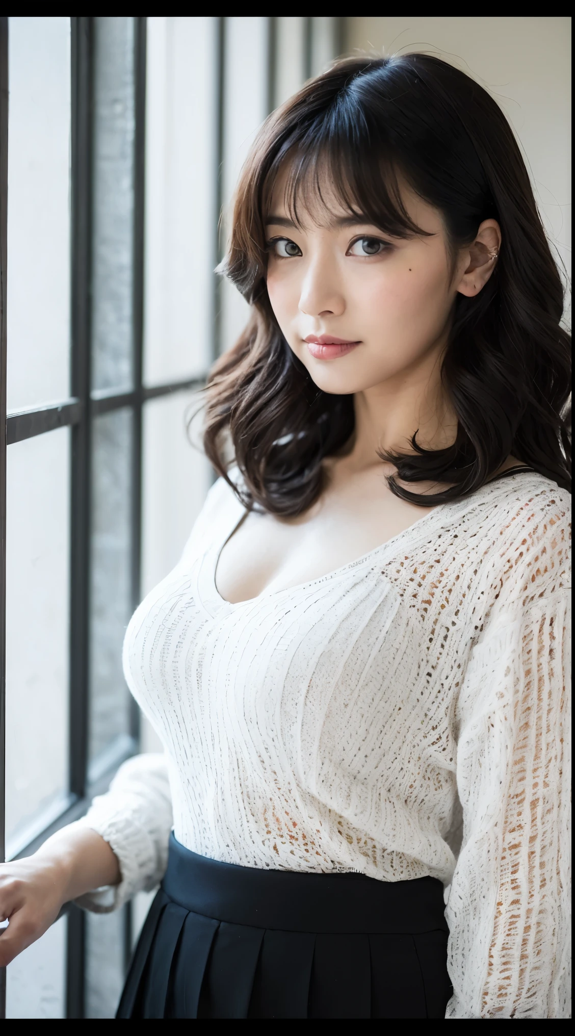 highest quality, masterpiece, Super A high resolution, (Photoreal: 1.4), RAW photo, 1 girl, It&#39;s sticking out: 1.5, black hair, glowing skin, dramatic lighting, whole body Esbian, F cup,dress,whole body,smile,white sweater