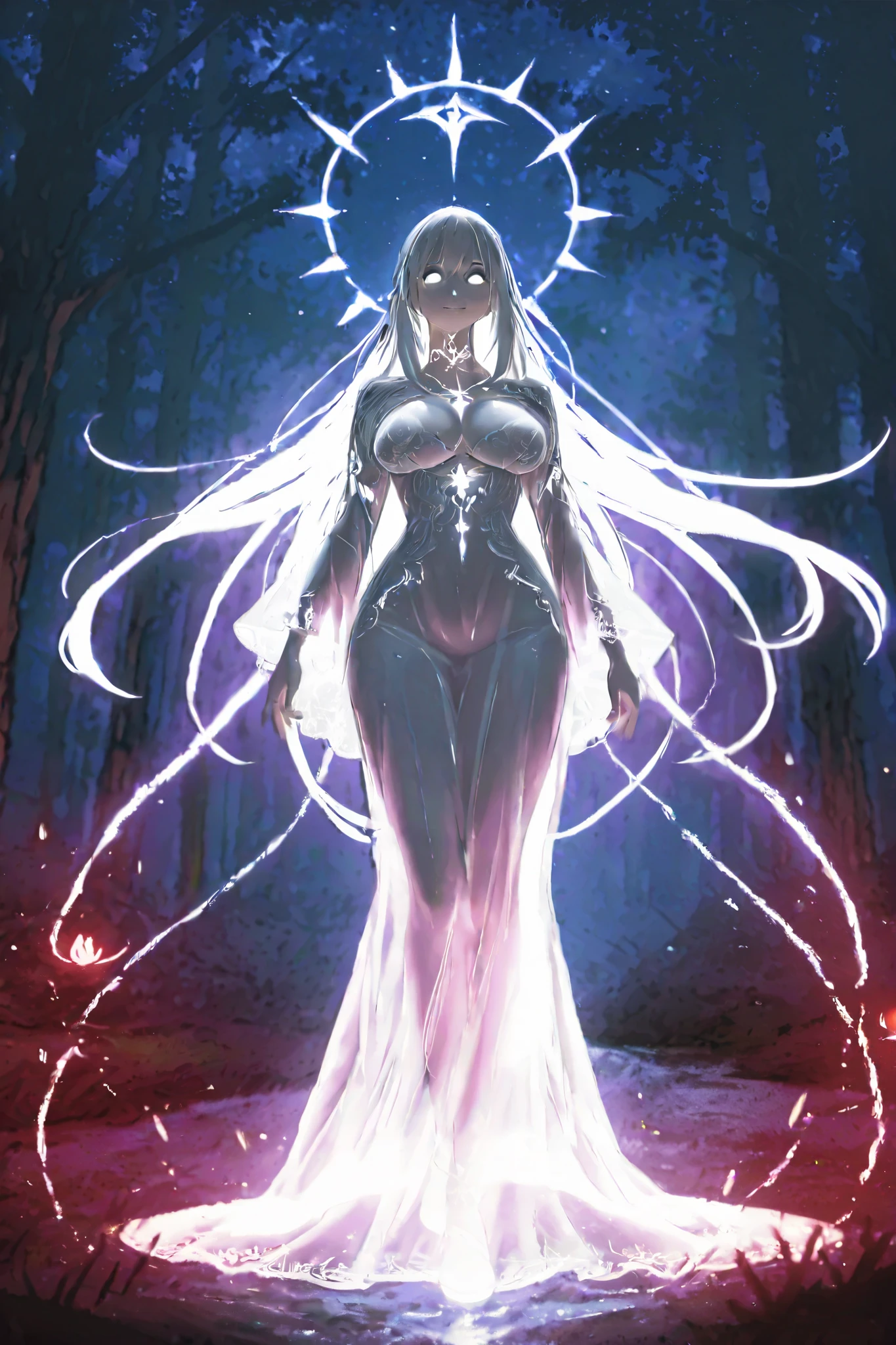 (Seductive nightmare)(Hyper realism)(Realistic fantasy)A moon elf greatly resembling Paris Hilton (age 25, psycho mouth full of jagged razor sharp teeth, long razor sharp finger nails, blue skin, violet eyes, silver hair, sheer spider silk lingerie(over exposed), silver body jewelry) transforming into a psycho super predator with arachnid overtones, blasphemous silver blue tattoos are sparkling in the moonlight, is studying the viewer and preparing to hunt them through a spider infested haunted woods, webs obscure the moon and carpet the ground. Immense webs and spiders in the tree tops. (show her entire body, show her from head to toe, show all of her)