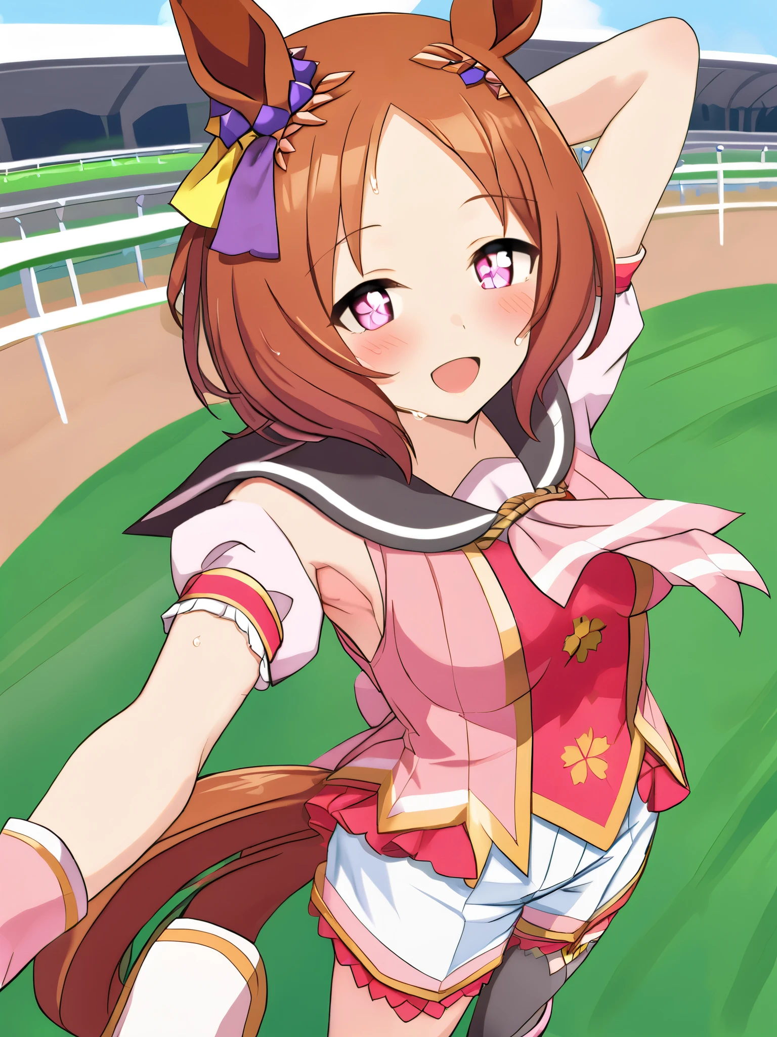 ((sleeveless, show me your armpits)),wet skin,girl around her neck, Sakura Laurel Kuudere, horse girl , horse ears, horse tail, shiny hair, light brown hair, pixie cut, center part bangs, Pink red eyes, symbol, Hair Ornament, medium chest, lowered +++ Multicolored clothing, puffy short sleeve, Closed Mouth, pink shirt, white shirt, pink wrist cuffs , white shorts, sailor collar, black thigh high for aa, Single Knee High, white knee-high boots, asymmetrical shoes , high heel boots, pink neckerchief, Pink back ribbon, Turf, race track , Delighted