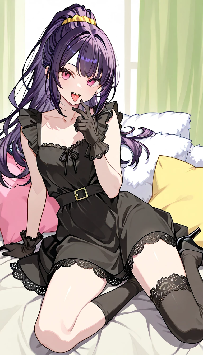 (((Pixel Perfect、perfect detail)))、(full bodyを前に向けて、She is posing like a fashion model。)、I'm watching the viewer。full body、petite girl straddling a stick、solo、full body)、(Exposed collarbone and thighs:1.3)、(A girl with wavy, dark purple hair)、(healthy skin for 1 female)、(pink eyes)、full body、(Her hair is parted in a high ponytail、She is wearing a yellow scrunchie)、(A reddish-black dress with frills、Reddish-black long gloves with sewn-on rose embroidered lace、Reddish-black over-the-knee socks with sewn-on rose embroidered lace、Wearing black high heels)、smile、 open mouth 、Sticking out tongue、She is showing off her sharp jagged teeth、correct anatomy、(A pastel-colored room filled with soft, fluffy cushions)、 no text