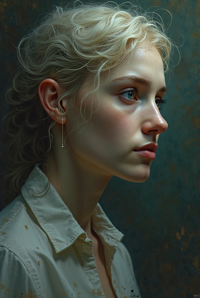painting of a  girl with light hair in a light shirt, portrait, dark atmosphere, cinematic scene, volumetric lights, ultra realistic, in the style of nicola samori