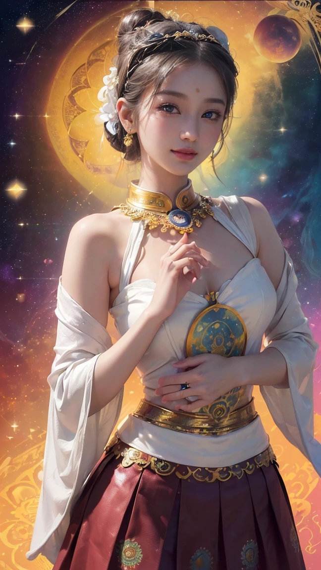 Highest quality,Realistic,masterpiece,detailed,High resolution,Cute , (masterpiece, best quality, dynamic angle), full body shot, (nsfw:1.4), (masterpiece:1.2), (Photo of a radiant goddess with a halo of light, standing on a celestial cloudscape with stars twinkling around, eyes shining with divine power, flowing robes adorned with celestial patterns, ultra-detailed, high contrast, heavenly lighting, dynamic composition, divine ambiance, elaborately detailed attire with extraordinary elements:1.1), (art by Otomo Katsuhiro:1.4), (hyperdetailed:1.1), (intricate details:1.0), (Refined details:1.1), (best quality:1.1), (high resolution:1.2)