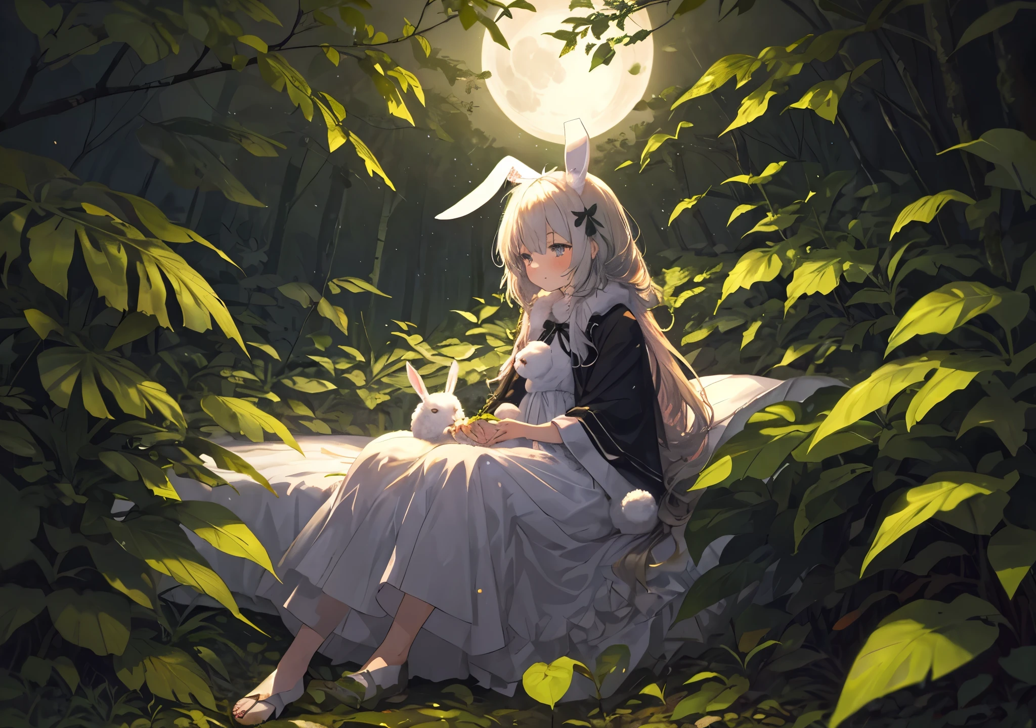 Girl with rabbit ears in the forest at night is about to sleep in a bed of leaves, and forest dew on a quiet night illuminated by moonlight falls on the leaves