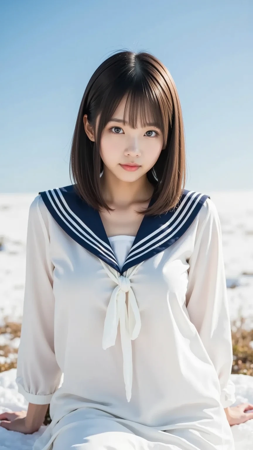 short bob-haired beautiful Japanese girl, smiling, sailor suit, lower body nudessy, ubig boob, snow moin, full-body