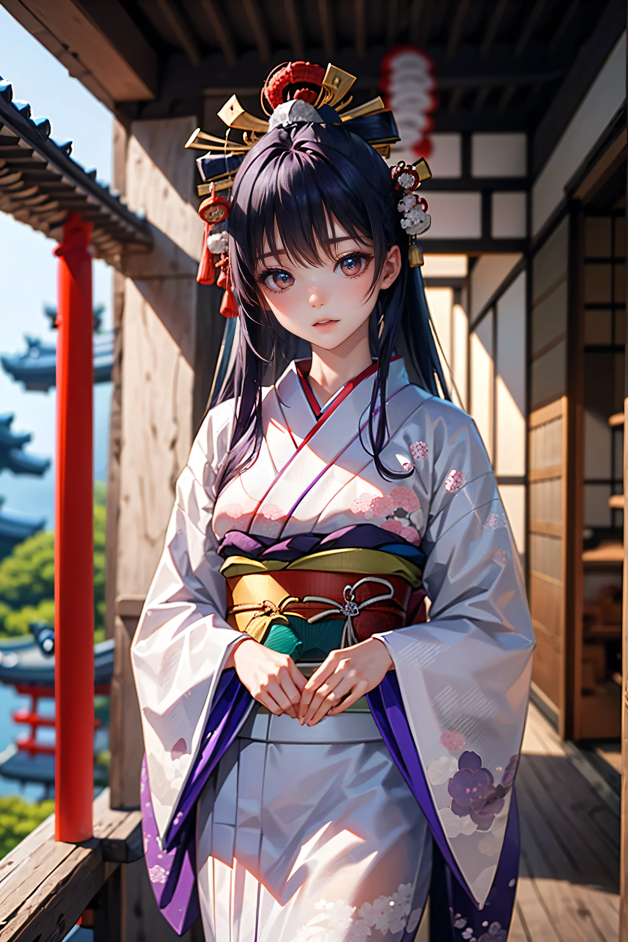 (masterpiece, highest quality: 1.2), one girl, twelve people, one person, long straight black hair, enjoying a folding fan, west peak, wall, lattice, drying rack, corridor, Japanese garden, ((Heian period crimson eyed beauty)), ((Crimson eyes)), ((sparkling, detailed eyes)), ((long silver and purple hair in the traditional Japanese hairstyle of Osuberakashi)), translucent, smooth white skin, glossy skin, small breasts, ((wearing a traditional Japanese kimono with multiple layered collars)), anatomically correct depiction, delicate depiction down to the tips of the fingers, cinematic straight eyes