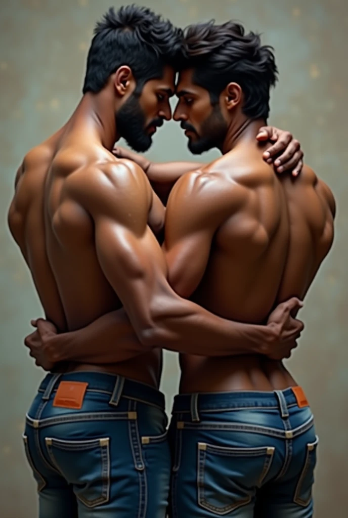 INDIAN GURJAR Gay couple doing mouth to mouth kissing, one 30 years old and second 20 years old, HEAD TO THIGHS VIEW, perfection, realistic, natural kissing, award winning photograph, Nikon D750F 