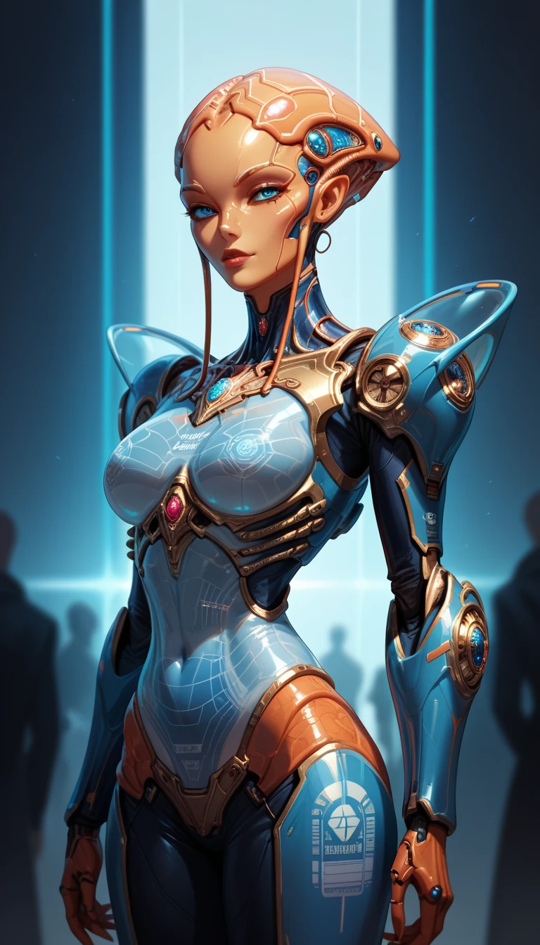 8k ((above view:1.6)), ((full body view))(large eyes:1.3), defined cheekbones, looking back, ((the pit style:1.4))((sleek dark blue bodysuit:1.6)) ((intricate lace details:1.6))detailed face:1.5), lightblue skin,(puffy lips:1.5) (lightblue skin:1.6), ((bald woman:1.7)), ((skinhead)), ((sexy pose)),(Muscular:1.3), ((gigantic breasts:1.5)), )highly detailed, Volumetric lighting, baroque oil painting by Greg Rutkowski, Artgerm, WLOP, dynamic angle,((intricate neon lines on bodysuit:1.3)), majestic, digital photography, best shadow, light particles, art by artgerm and ruan jia and greg rutkowski, ((gold shoulder pads:1.6)), (masterpiece), sidelighting, intricate details, (((black color palette)))