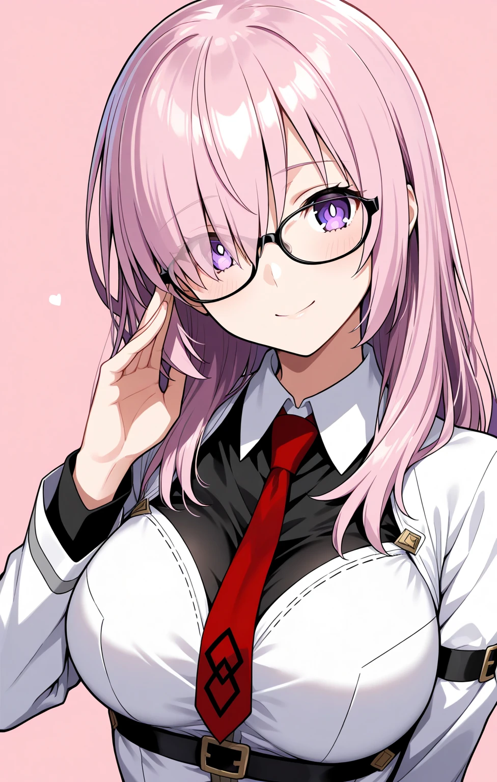 haruno sakura, pink hair, short hair, green eyes, (small breasts:1.1), hairband, office lady, glasses, tie, necktie, (black necktie:1.1), shirt, collared shirt, (white shirt:1.1), formal shirt, sleeveless shirt, sleeveless, forehead protector, bare shoulders, bare arms, 1girl, solo, anime screencap, frontlighting, (simple background, black background, dark background:1.3), masterpiece, absurdres, hdr, soft light, best quality, detailed, highres, shiny skin, shiny hair, (looking at viewer, eye contact with viewer:1.5), smile, smug, (closed mouth:1.2), arms up, raised arms, armpits, in the center, symmetrical, upright,