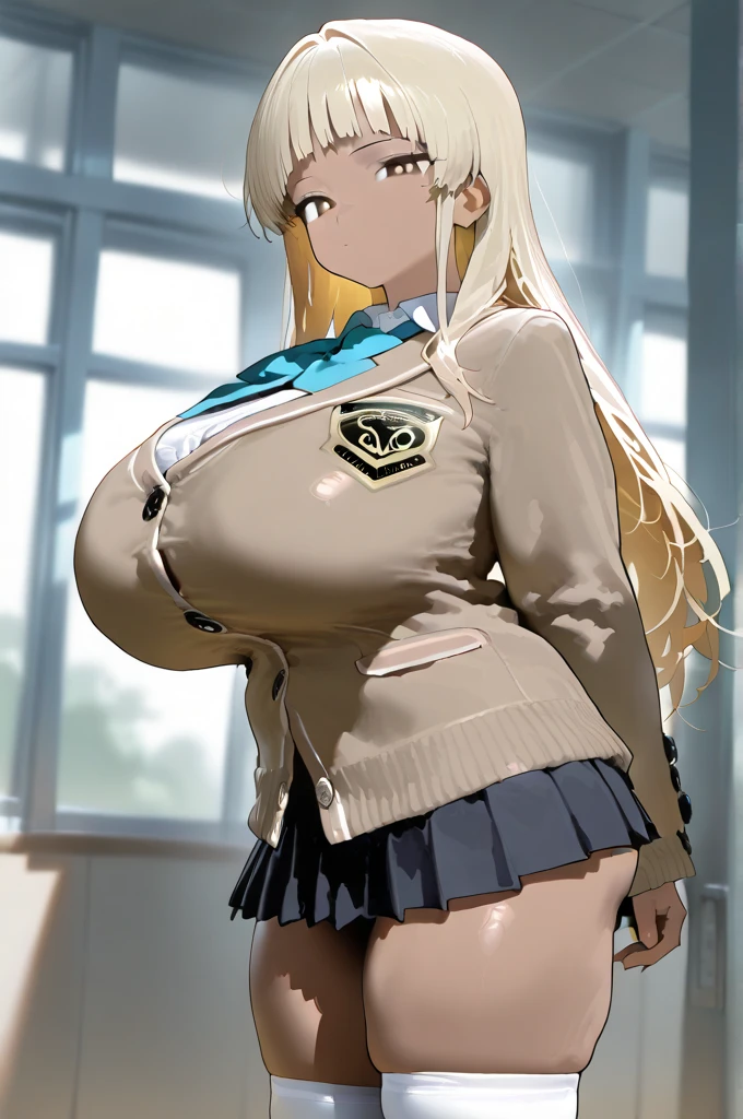 woman in uniform posing in front of a blackboard, hyperrealistic , realistic sfw huge breasts, big breasts!, photorealistic anime girl render, big breasts!!, oppai, big breasts, with large breasts, seductive anime girl, with a large breasts, smooth anime cg art, 3 d anime realistic full body front