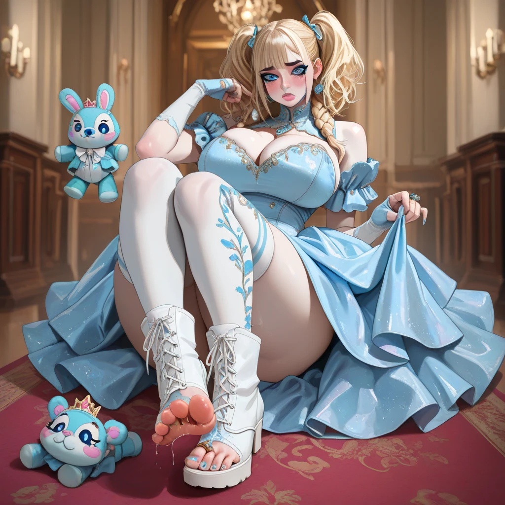 a beautiful 20 year old blonde woman with big messy hair in a blue dress, white stockings, black headband, cleavage, fantasy art style, rossdraws cartoon vibrant, alice x. zhang, alice in wonderland cyberpunk, cute detailed digital art, colorfull digital fantasy art, digital fantasy art ), glossy digital painting, rossdraws pastel vibrant, rossdraws 2. 5, rossdraws 1. 0