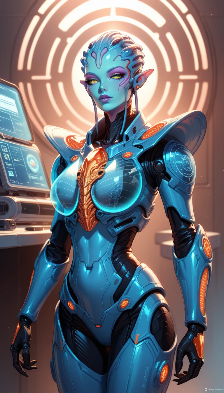 Advanced Extraterrestrial Entity , Alien Being, ((Non-Human)), Orion Alien, colorful skin, ((Futuristic Holographic Armor)), ((fully clothed, detail focus)), Seductive Alien technology