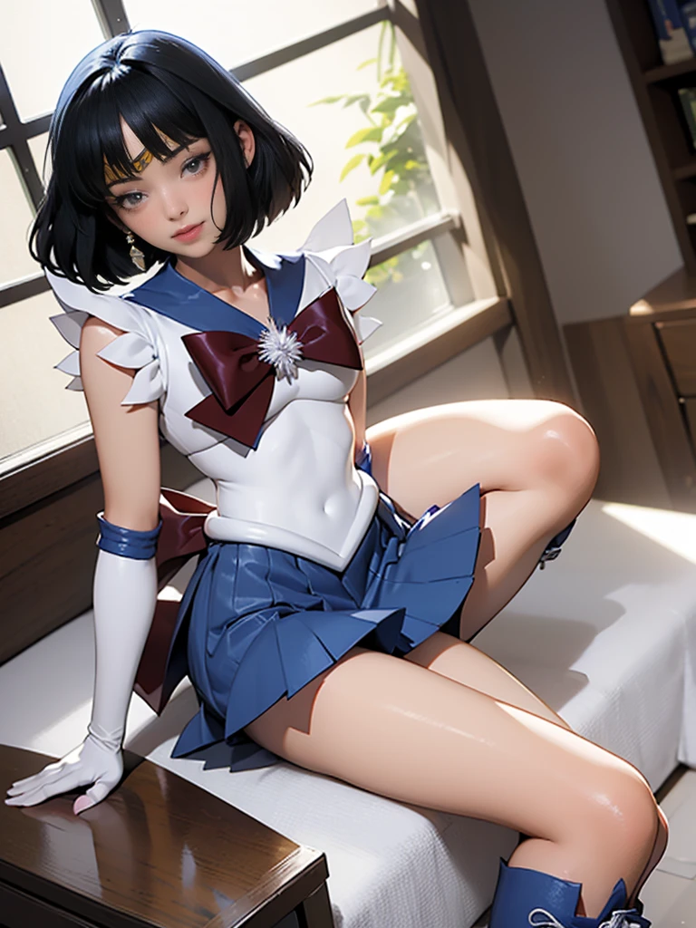 (8k, RAW photo, best quality, masterpiece:1.3), (ultra highres:1.0), detailed illustration, detailed, (realistic, photo-realistic:1.5), detailed beautiful skin, sailor moon, (1 girl: 1.2),(full body:1.3),(hand of Guido Daniele:1.2), (top-quality:1.4),(reallistic:1.7)),a beauty girl,(Sailor Moon:1.4),Body Fit Sexy Sailor Senshi Uniform,latex leotard,The jacket is a white sleeveless sailor suit),(Skirt is blue sexy ultra kirt lift,The collar of the sailor suit is blue with two thin lines,high leg see-through swimsuit,Red cloth ornament at chest,(Wearing white gloves),photography:1.4,beautiful countenance、beautidful eyes、Narrow waist、( Black hair:1.4)、(short hair:1.2)、Raw photo,red-lips,Red high heels:1.4,a choker:1.4、a necklace:1.4,1 screen display、Outdoor landscape slim body, cute, happy, short hair, long leg, cleavage ,open legs, (Spread legs:1.3) , ,blue skirt,red bow, Black eyes,blond hair,hair bun,hair ornament,blue sailor collar, red choker, red boots, high heels, see-through sailor senshi uniform, white gloves,tiara,elbow gloves,pleated skirt,knee boots blue sky, cowboy shot,Erect penis