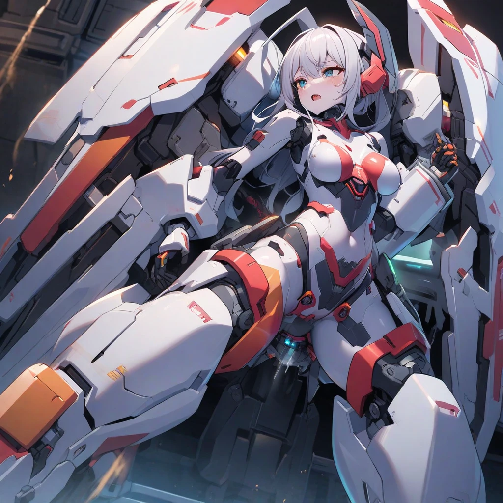 (white short hair)(red eyes)(whole body)(Driving a mecha)4K