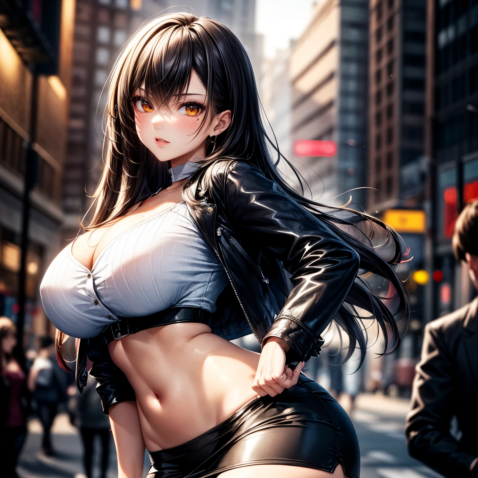 ((masterpiece, 8k, ultra detailed, solo, best quality)), expressive eyes, perfect face, adult, short, small body, very fit, perfect face, detailed face, detailed eyes, (detailed background), eyeliner, fit, fearless, smirk, (medium breast) Break ((A powerful young female)) , blue wavy hair, long bangs, voluminous hair, beautiful eyes, stunning eyes, black eyes, round eyes, (dynamic posing:1.2) outdoors, mini jeans shorts