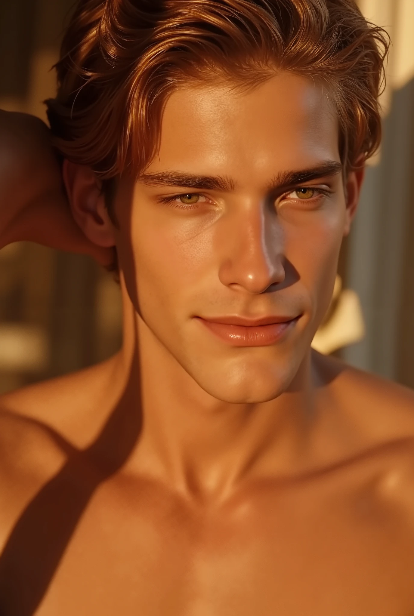 man, naked with long orange and wavy hair and pale skin. His body is toned and athletic, like a professional sportsman, with visible abs and a broad chest, giving him an athletic yet elegant appearance. His eyes are deep and mesmerizing, a rich, liquid amber with flecks of fiery red and golden hues that shimmer under the golden light. sensual cute smiles.