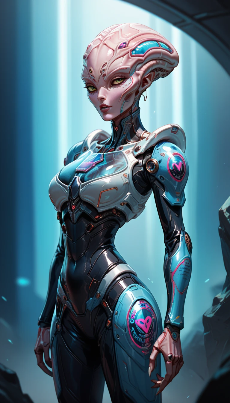 score_9, score_8_up, score_7_up, Wear purple and white mechanical clothing, Wonders of the machine, cyber, Cybernetic Guardian, Futuristic Armor, whole body, Front pose, Symmetric, Complex (Steel Metal [rust]), joint, Warframe style, cyborg, Female body armor, (Best Quality, 4K, 8K, High Definition, Masterpiece:1.2), (Ultra Detailed, Realistic, Photorealistic:1.37), detailed fractal patterned skin, cute lips, Bioluminescence, dark aura