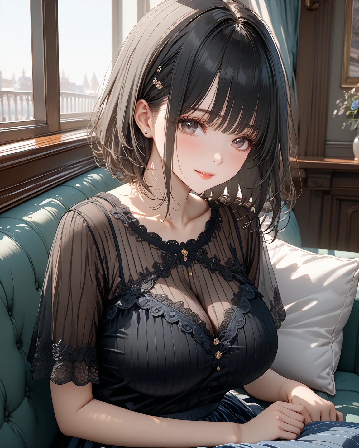 ((chibi)),masterpiece,highest quality,Very detailed,8k,
(((One Girl)))、Zhou Haoguang,warm color,Realistic Skin,Glowing Skin,bloom,High Contrast,cute、thin、
break、
(((Look Down、Cowboy shot with contrast、Dynamic Angle：1.3)))、silver chain diamond necklace、Bright red eyes、
break、
Lola Eyes、Lying in bed、Top-down Bottom-up、（Tifa FF7）、
break、
(((A loose shirt dress with large buttons)))、(((Bottomless)))、blush、Embarrassing、((Small breasts))、Accentuate your cleavage、（Erect nipples：0.8）