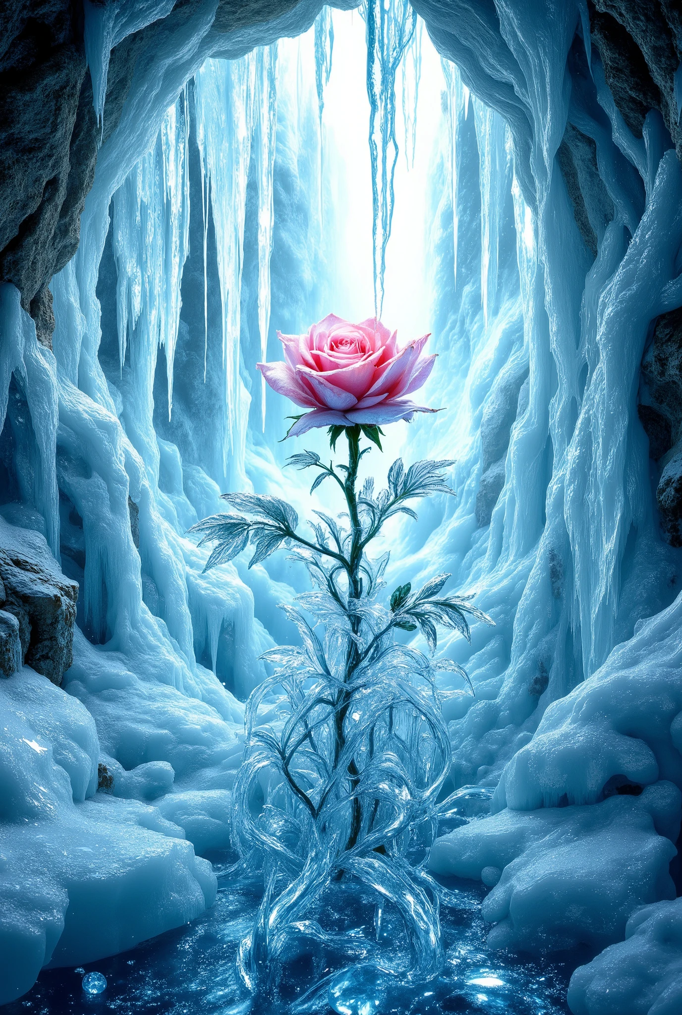 fantasy style, Fantasy, frozen water like a pattern of intertwined rose bushes, the flower bud creates, a unique abstraction, , the overflow of sunlight in the ice beautifully complements the image, very clear , morning sunrise, somewhere in a magical cave with an open view, Masterpiece , 8 k, best quality, complex details, . The maximum number of details, perfect picture, Точность, high quality, ultra quality,