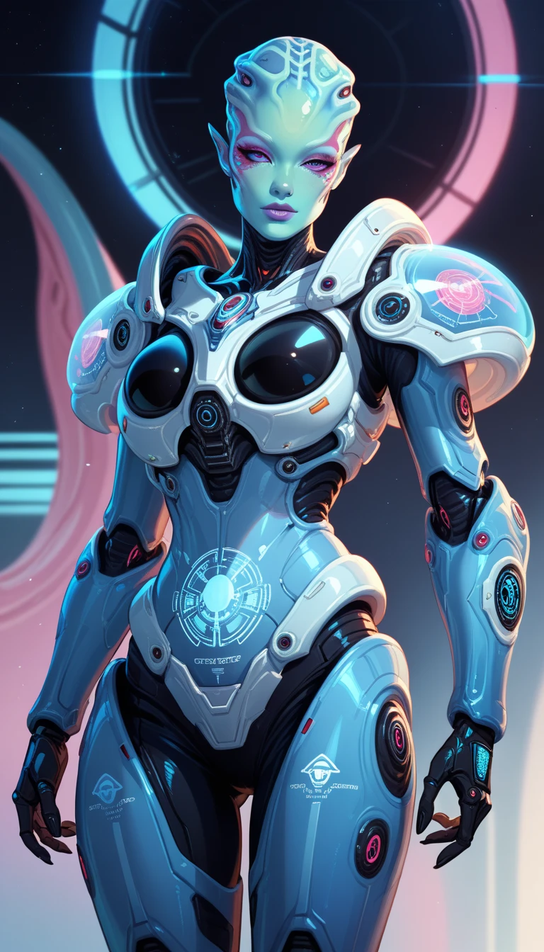 RAW, 1girl, colorful, ((white matte armor, blue lights )), (masterpiece, best quality), (gigantic breasts:1.2), (uniboob:1.5) (detailed skin:1.3, detailed face:1.3), dslr, realistic, (((seductive pose, detailed galaxy landscape))), 9epic galaxies in the background), warm colors for picture, delicate, cinematic lighting