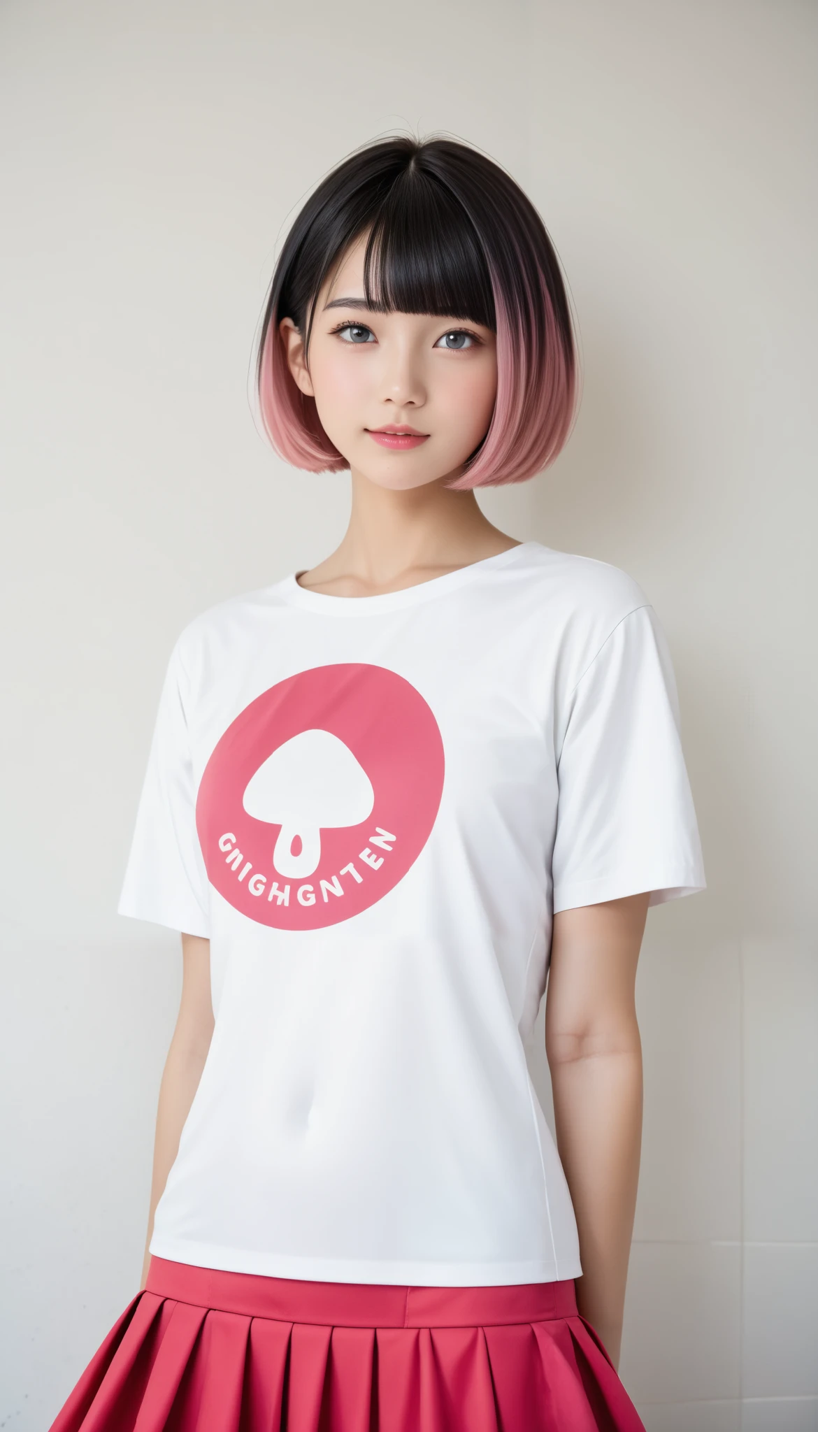 high quality、masterpiece、realistic、perfect anatomy, cute女の子、超cute、cute、gray eyes、short bob、mushroom cut、(((black hair:1.25、Gradation of pink hair tips:1.37、The tips of the hair change pink with gradation)))、white t-shirt、T-shirt with a picture of a mushroom、(((Erectile Head:1.37))), (Gingham Check Culotte Skirt:1.37),red stockings、red garter belt、belly button,blank,Black Light