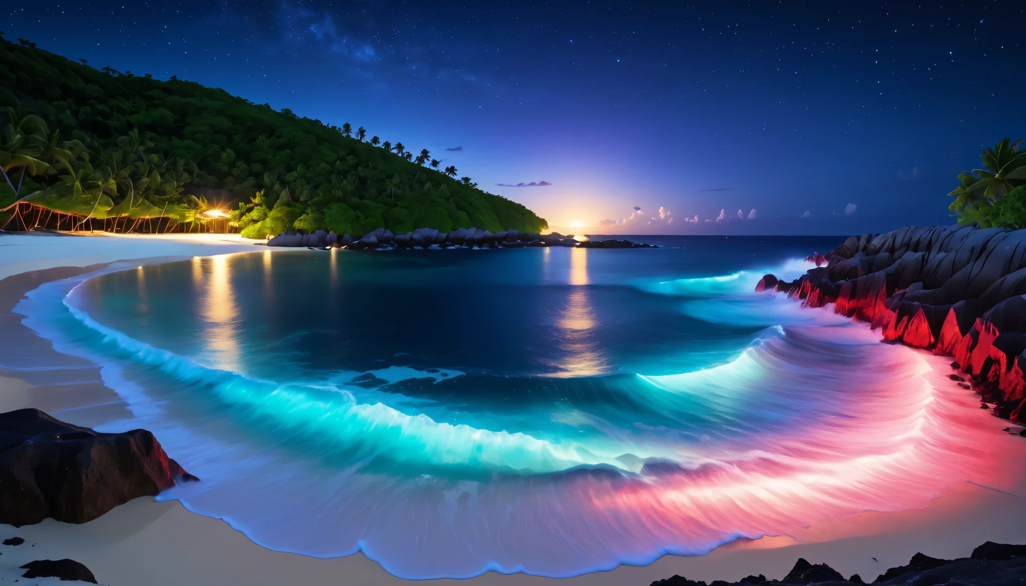 超high image quality even when sick, high image quality even when sick, high quality , night view, tropical beach , blue light of ,The ocean breeze is blowing,青い蛍光ビーチからは壮大な海の景色が広がりMasu, constantly shining waves , very mysterious and beautiful ,Glowing Waves , night light appears on the waves , Release ,Biofluorescence,light source for various microorganisms, Of blue light , Also、、light source for various microorganisms , Of blue light 、 Fiery Red , Ndulu Island also has 、濃い紫とピンクの単一波長ビーチAlso、Masu, Maldives,