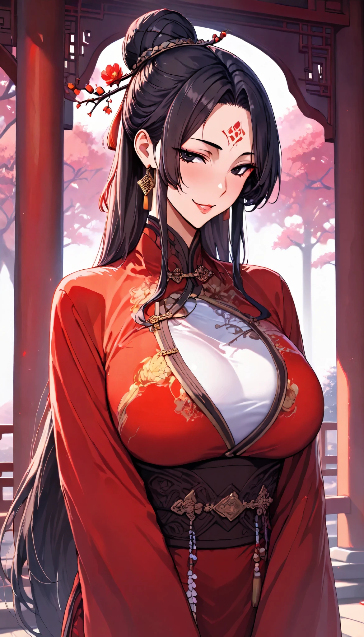 SOLO, A Female,Mature flavor, Perfect body, Oppai, (Chinese long hair,Black Hair,hair bun),(Black eyes),Red Forehead tattoo, Wearing A Red Chinese Robe(Hanfu type), In the Chinese classical Garden,Naughty face, seductive smile,UHD, anatomically correct, masterpiece, textured skin, high details, highres, 1080P, 16k, accurate, Beautiful face, Perfect face, Highly detailed beautiful face and eyes, Attractive face, Detailed face, Delicate facial features, Detailed skin,Cowboy shot,Look at the view,(((hbig bosom)))