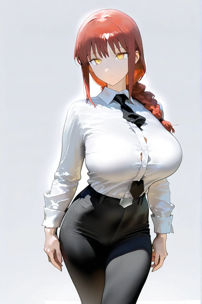(masterpiece:1.2, best quality:1.2, beautiful, high quality, highres:1.1, aesthetic), detailed, extremely detailed, ambient soft lighting, 4K, perfect eyes, perfect face, perfect lighting,perfect female body, perfect breasts, perfect hips, perfect anatomy perfect hands makima \(chainsaw man\), best quality, ultra detailed, 1girl, solo, standing, red hair, long braided hair, golden eyes, bangs, huge breasts, huge ass, huge thighs, narrow waist, wide hips, thick thighs, curvy, tight black pants, white shirt, wet shirt, see through shirt, necktie, stare, smile, looking at viewer, (interview:1.3),