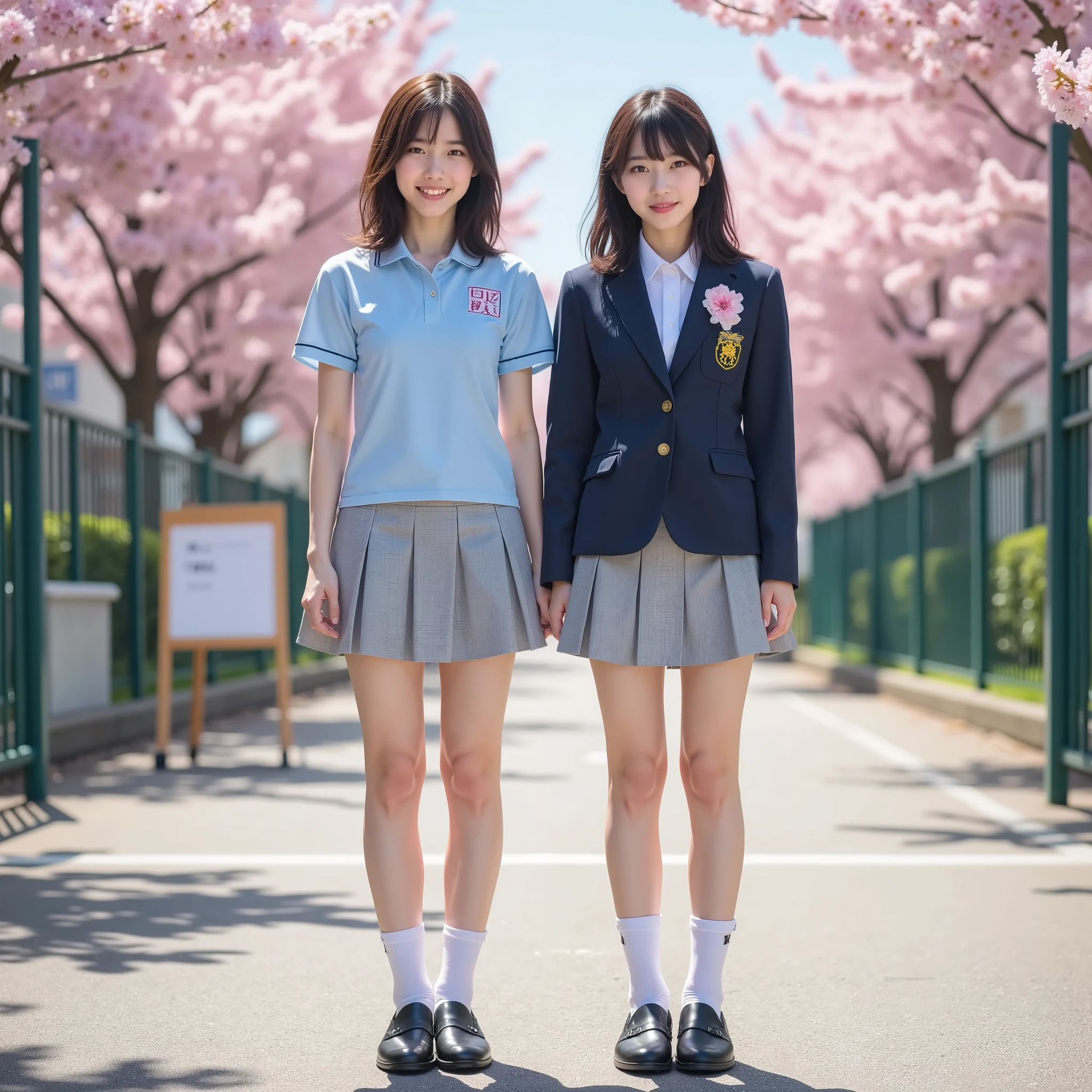 『Different faces and hairstyles2 Japanese girls in tennis panties:1.9』『real photo:1.3』top quality:1.2、((bigger breasts in bikinis))、Slender Body,I can see a little bit of cleavage、((young 20 year old woman ))、((is showing his teeth and smiling:1.3))、(((anatomically correct、perfect anatomy、anatomically correct指)))、realistic, top quality, ultra high definition, RAW photo, (Curvy body)、Full Body,blue sky,The background is in front of the high school gate,standing sign for the entrance ceremony,cherry trees are in full bloom in the school yard,,I'm taking a commemorative photo with a piece in front of the school gate,high school blazer uniform,white socks and black loafers,flower brooch on the peak,Light blue shirt over navy blazer/skirt is gray,2 people,1 person is long,One is short