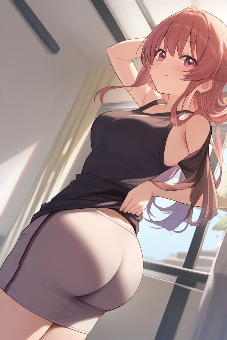 1girl, underwear, tight shirt, lingerie, big chest, green eyes, long torso, red hair, ponytail, shiny skin, reaching at the top of a cupboard
