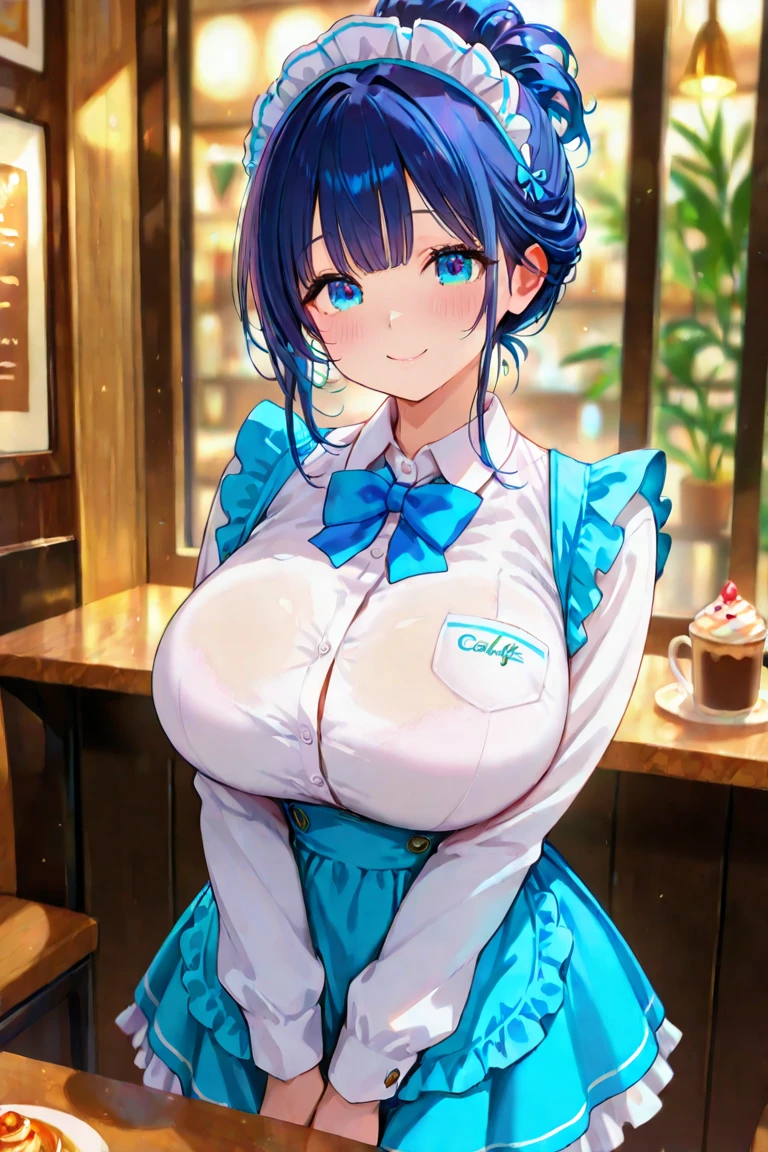 Main piece、high quality、High resolution、1 girl,single, Ruka Sarashina、jewelry、skirt、Maid uniform that exposes the breasts、Japan maid café、Woman with black hair、short hair、black hair、black pantyhose, Blue eyes, long sleeve, blue hair band, bangs, big full breast, cleavage, Medium waist, medium hips, wide thighs, Cowboy photos, smile, fascinating, embarrassing, blush、lots of people, looking at the viewer,from below、Low - Angle,very big breasts、cleavage、Well good、no panties、no panties、Very short skirt、nipple、Serve nipple、Milk spurts out of nipple、Milk drips from nipple、Exposing the breasts、Bare your breasts、Nipples、pussy、dildo