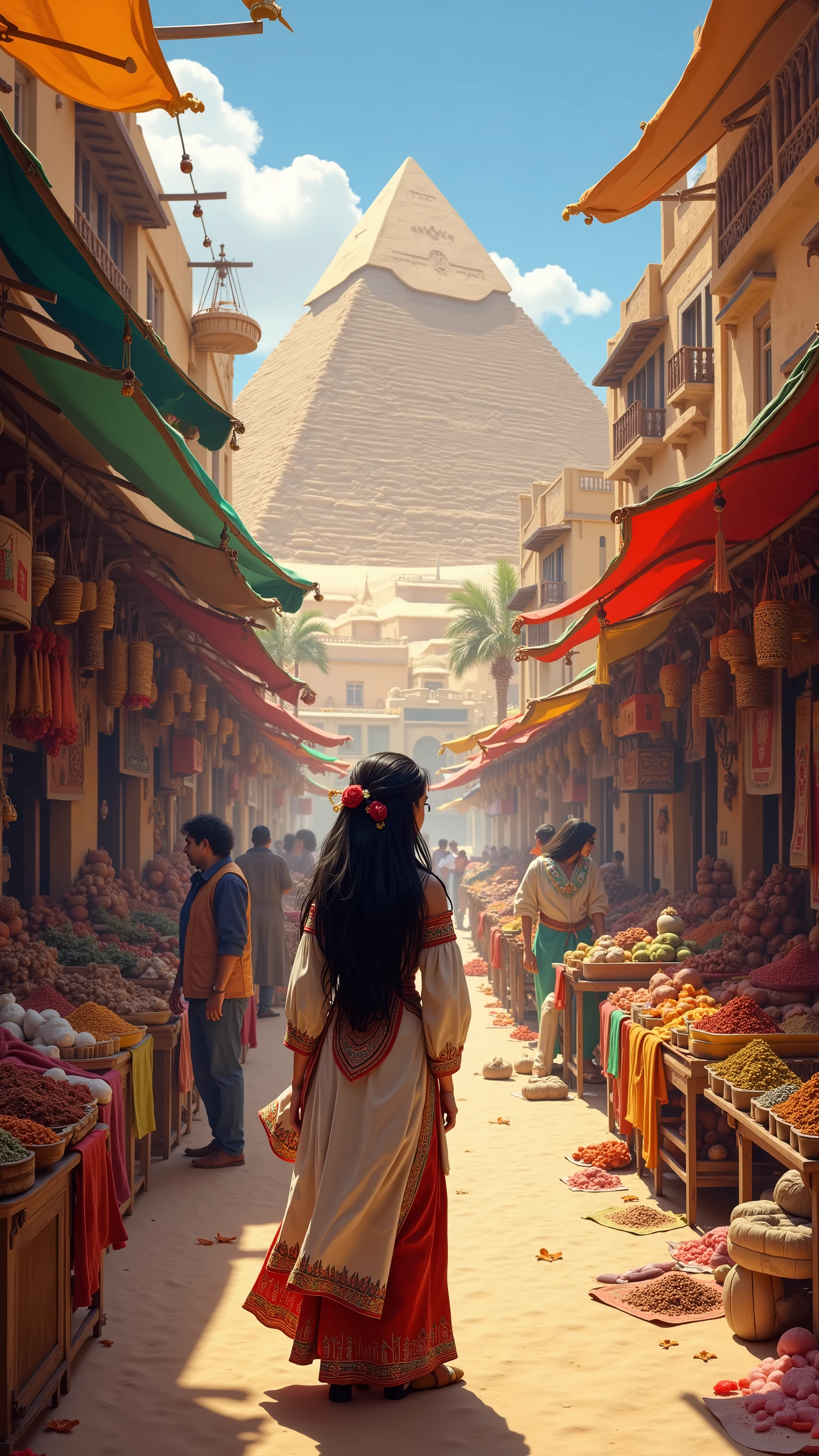 High definition、 Scenery、A market unique to the Middle East from a slightly older era、mall、Long Haired Girl in Egyptian Costume、The background of the market on the hill with a view of the pyramid