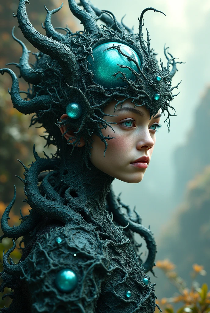 A dark liquid covers the form of an alien woman, shimmering, wet, reflective