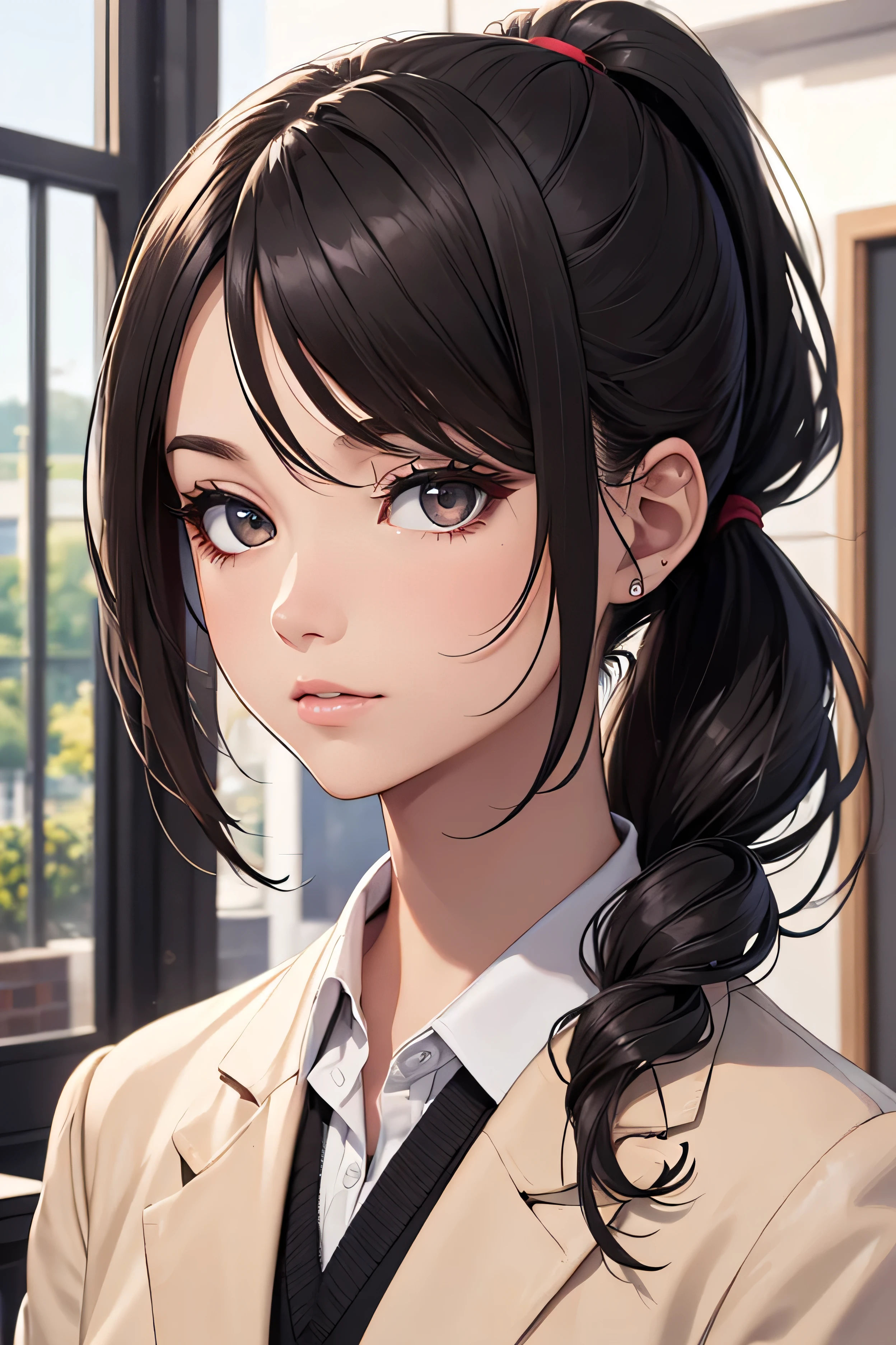 Anime girl with ponytail hair and a suit jacket looking at the camera ...