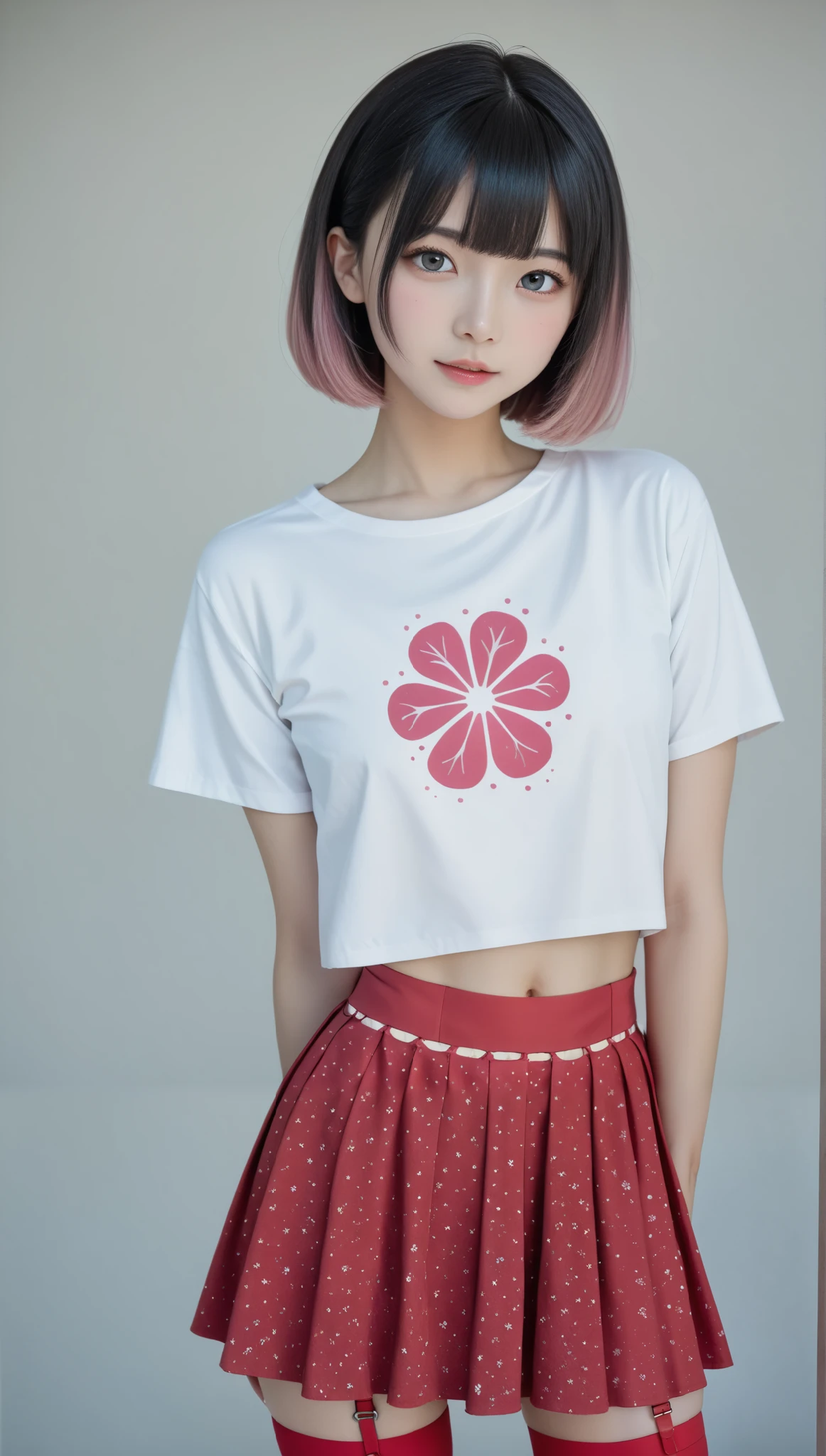 high quality、masterpiece、realistic、perfect anatomy, cute女の子、超cute、cute、gray eyes、short bob、mushroom cut、(((black hair:1.25、Gradation of pink hair tips:1.37、The tips of the hair change pink with gradation)))、white t-shirt、T-shirt with a picture of a mushroom、(((Erectile Head:1.37))), (Gingham Check Culotte Skirt:1.37),red stockings、red garter belt、belly button,blank,Black Light