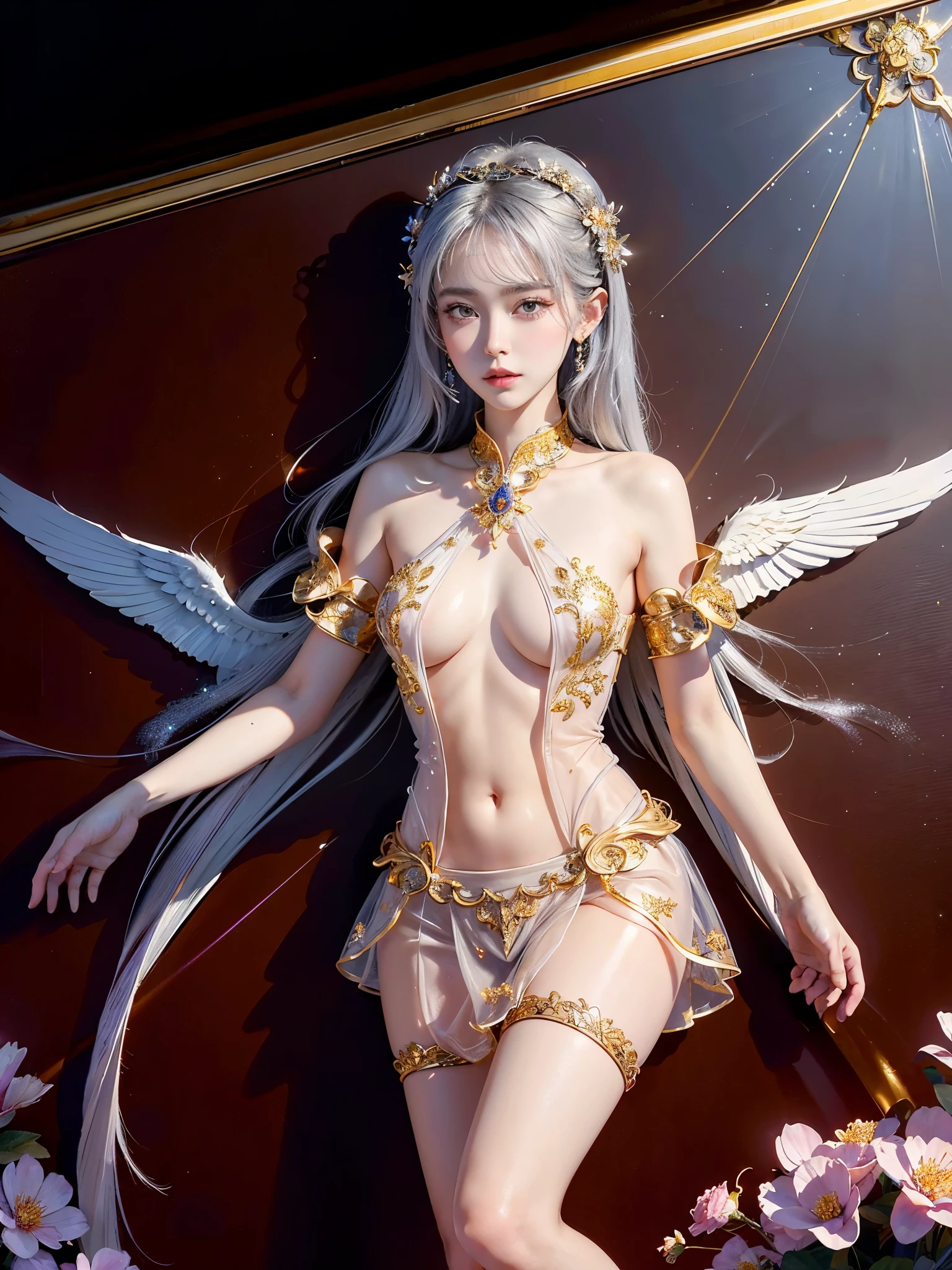 Royal sister,delicate eyes,Detailed detailature body,tall figure,Leg length,4k,HD,,White translucent lace,Fair and plump figure,pretty face,little cherry mouth,beautiful and delicious(3D royal sister),Gorgeous dress encrusted with gemstones crystal gold diamonds,angel raises hands