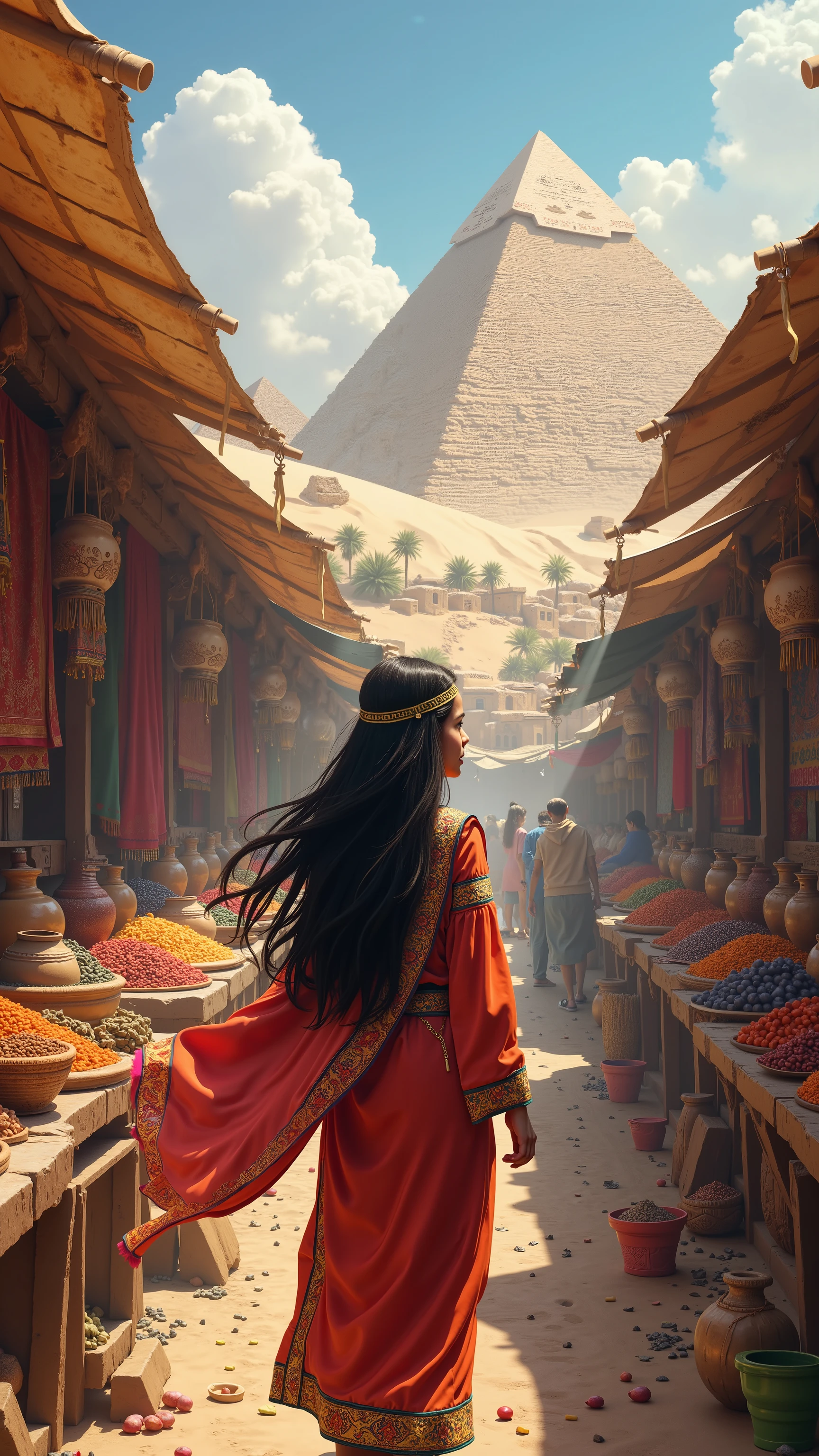 High definition、 Scenery、A market unique to the Middle East from a slightly older era、mall、Long Haired Girl in Egyptian Costume、The background of the market on the hill with a view of the pyramid