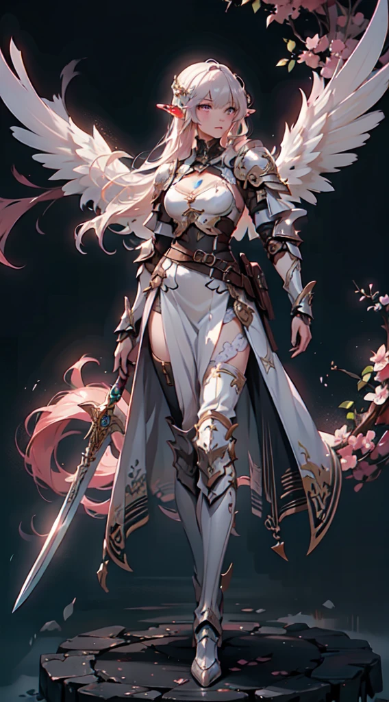 ((4k,masterpiece,best quality)), (zentangle, mandala, tangle, entangle), (fractal art:1.3), maxiskit, dress conservatively, (elf:1.2), 1girl, solo, full body, wide shoot, standing with white boots, holding sword down, Blunt bangs, (hair between eye), white hair, golden eyes, long hair, elf ears, ((Valkyrie white armor, angel, Chest protector)), side bang, from front, extra size body, night, mountain, look at viewer, dynamic pose, art style by Artgerm, by Kawacy, by Wadim kashin, BREAK, eyelashes, eyeshadow, pink eyeshadow